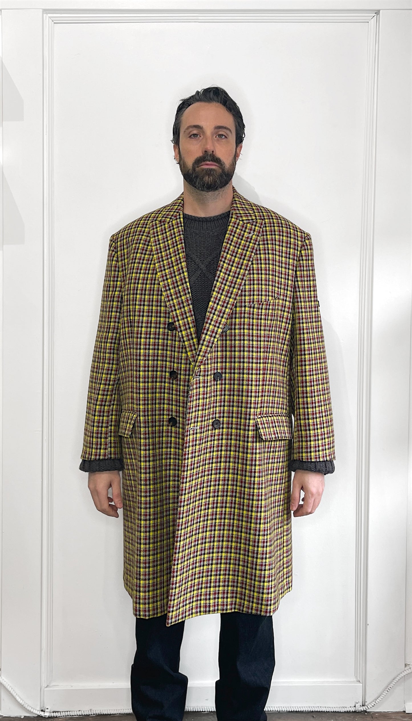 Balenciaga Yellow, Red, & Grey Plaid Wool DB Oversized Overcoat 40