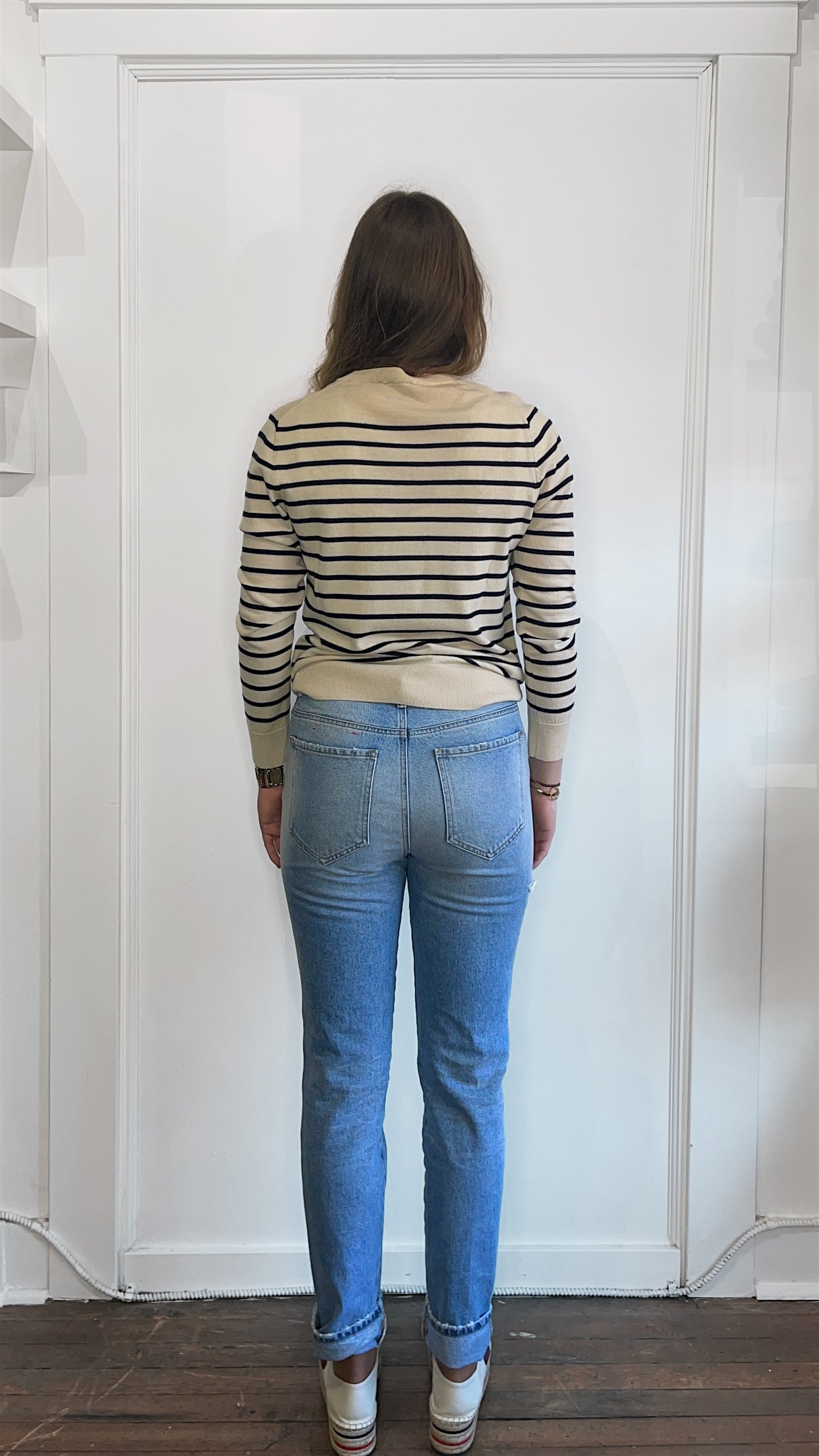 A.P.C. Beige & Navy Striped Lightweight Wool Sweater Small