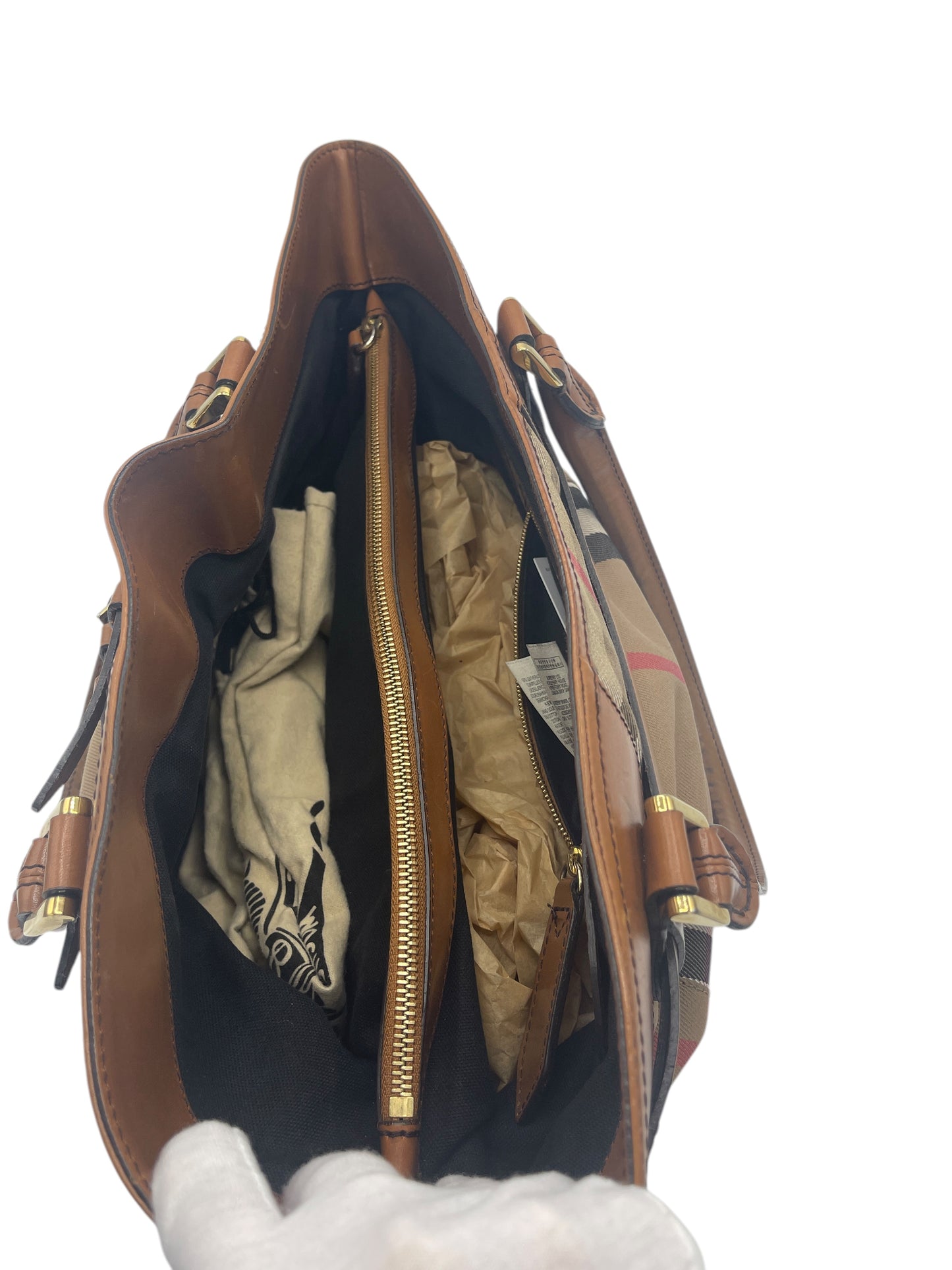 Burberry Brown, White, Red Canvas & Leather House Check Bag