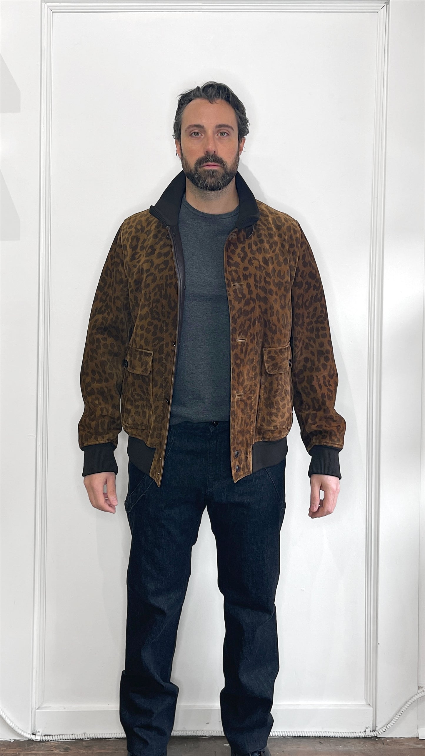 Tom Ford Brown Suede Leopard Print Bomber Jacket 46