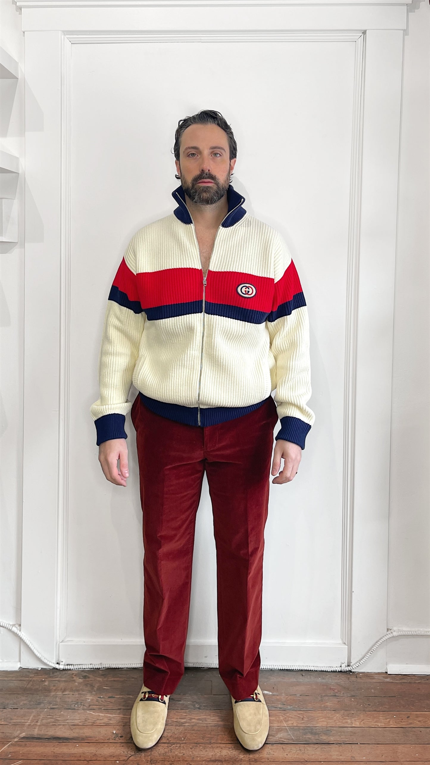 Gucci Cream, Red, & Navy Heavyweight Knit Zip Up Sweater Large