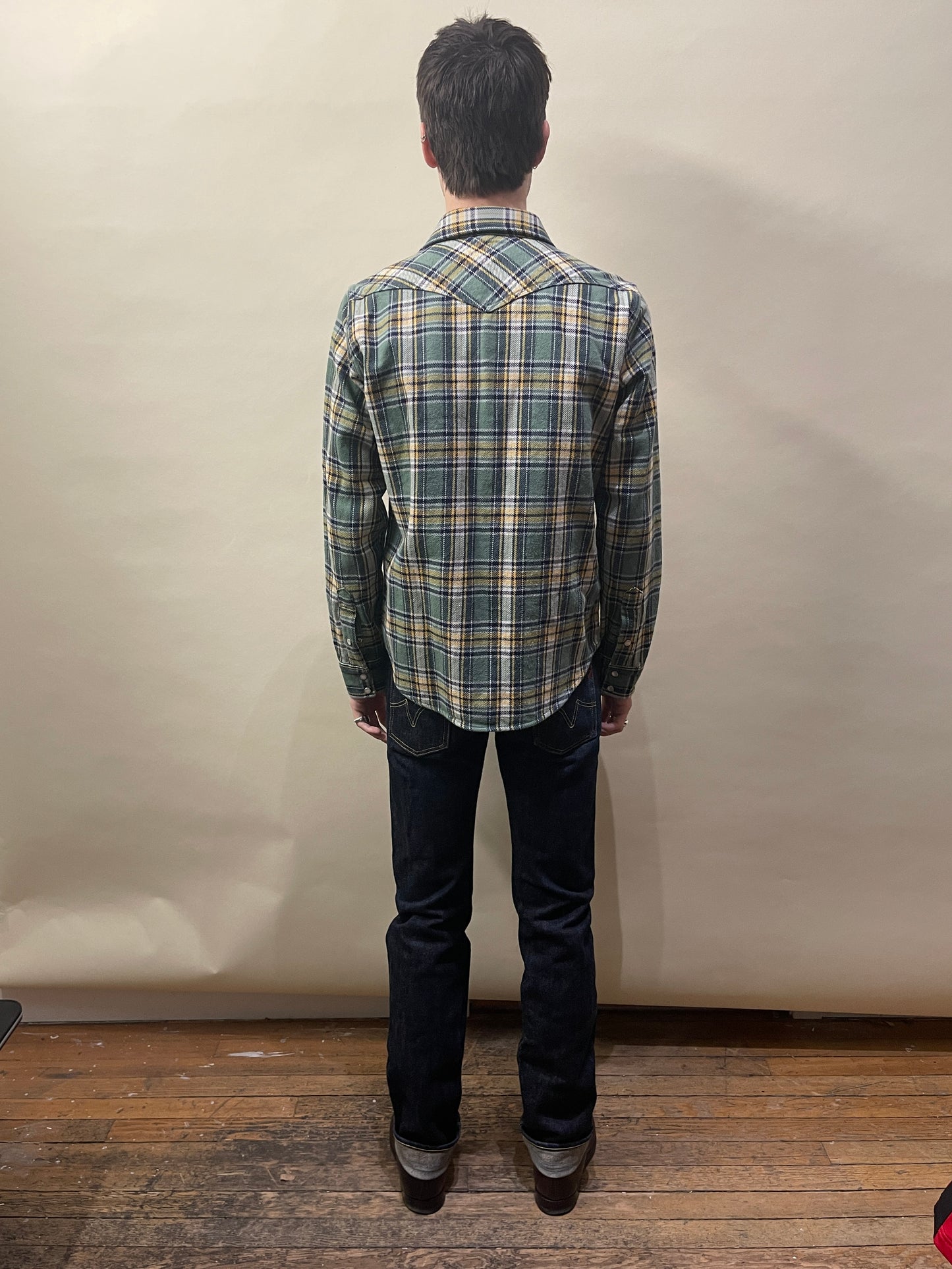 Iron Heart Green, Yellow, & Navy Plaid Heavy Western Flannel Large - L