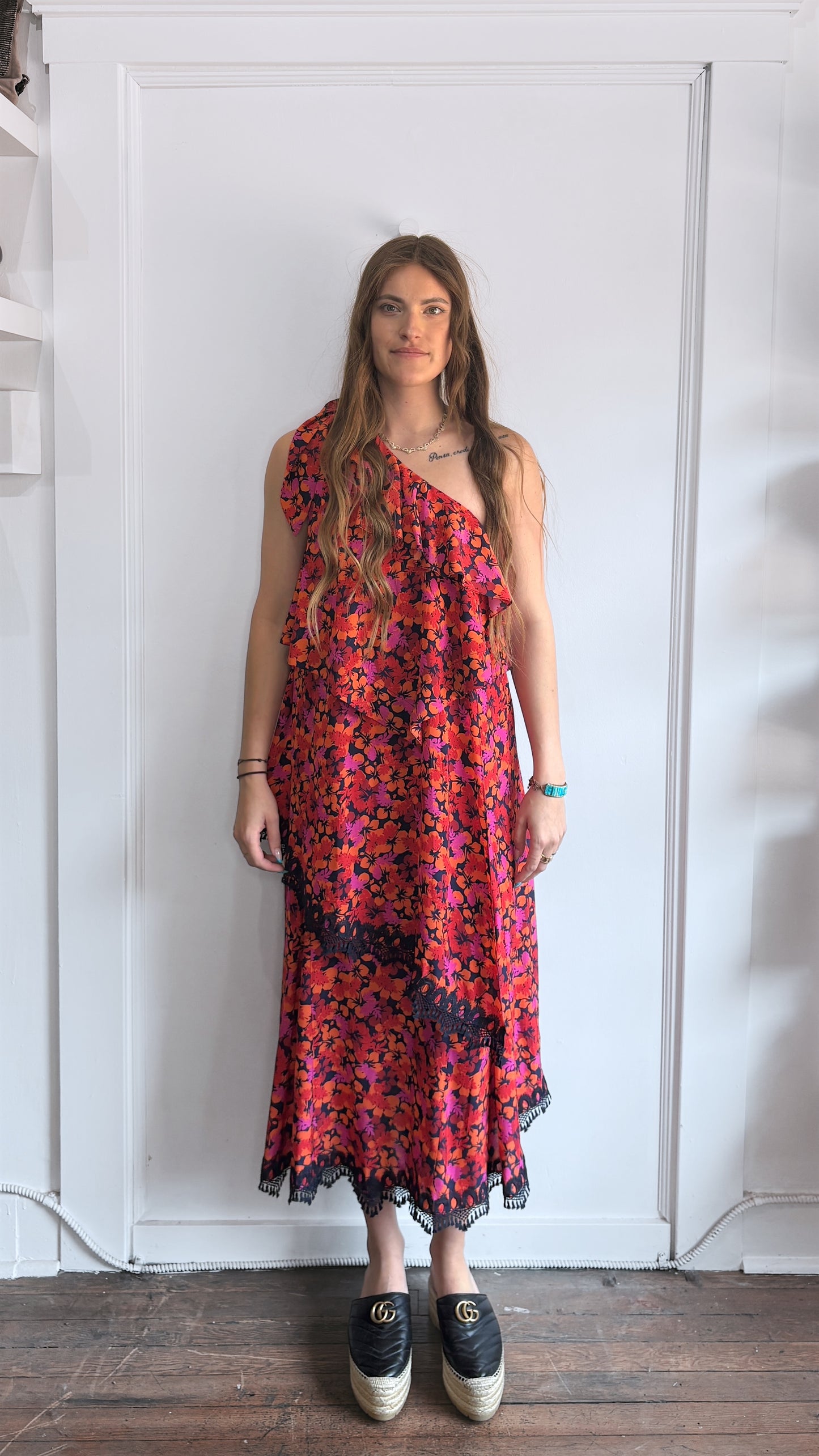Derek Lam Orange, Red, & Pink Floral Single Shoulder Tiered Dress 6