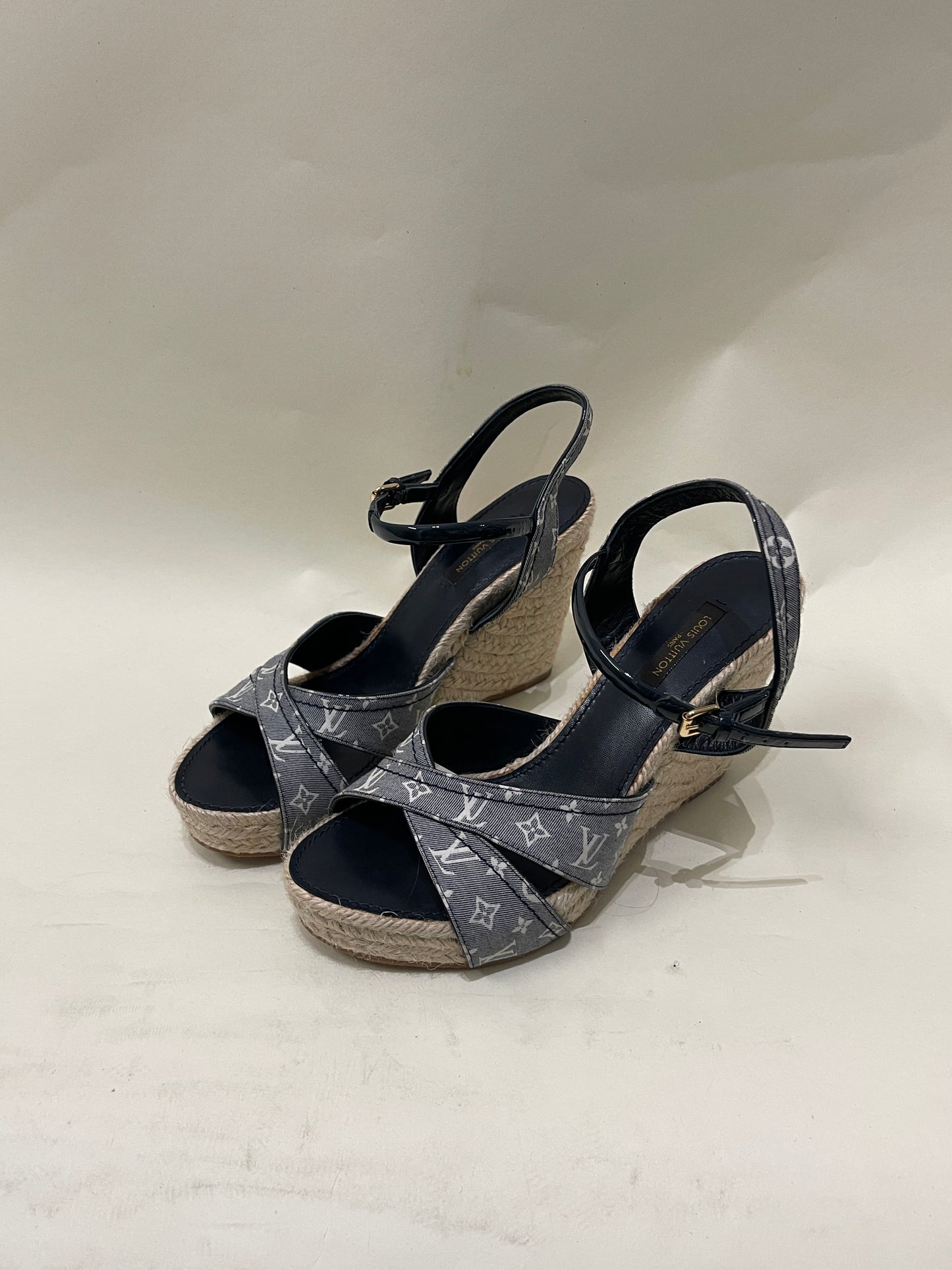 Louis Vuitton Blue Monogram Canvas Espadrille Wedge Sandal 6.5 M / 8 W