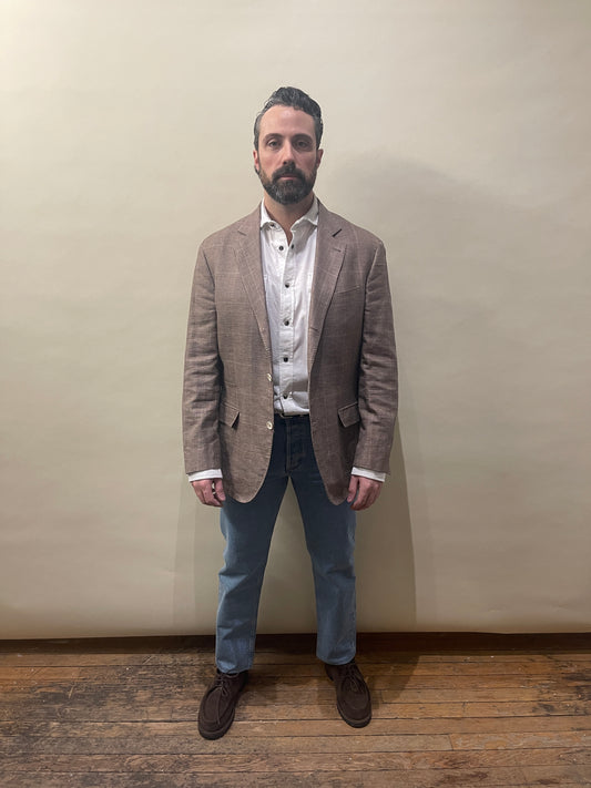 Brunello Cucinelli Beige & Brown Glen Check Linen Wool Silk Sport Coat 44