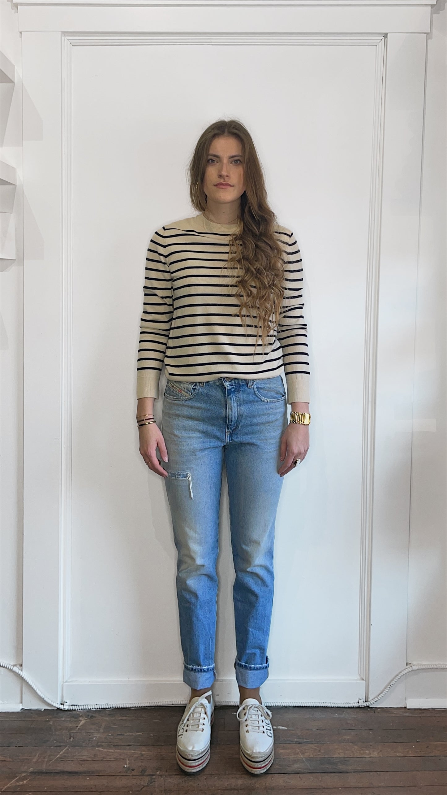 A.P.C. Beige & Navy Striped Lightweight Wool Sweater Small