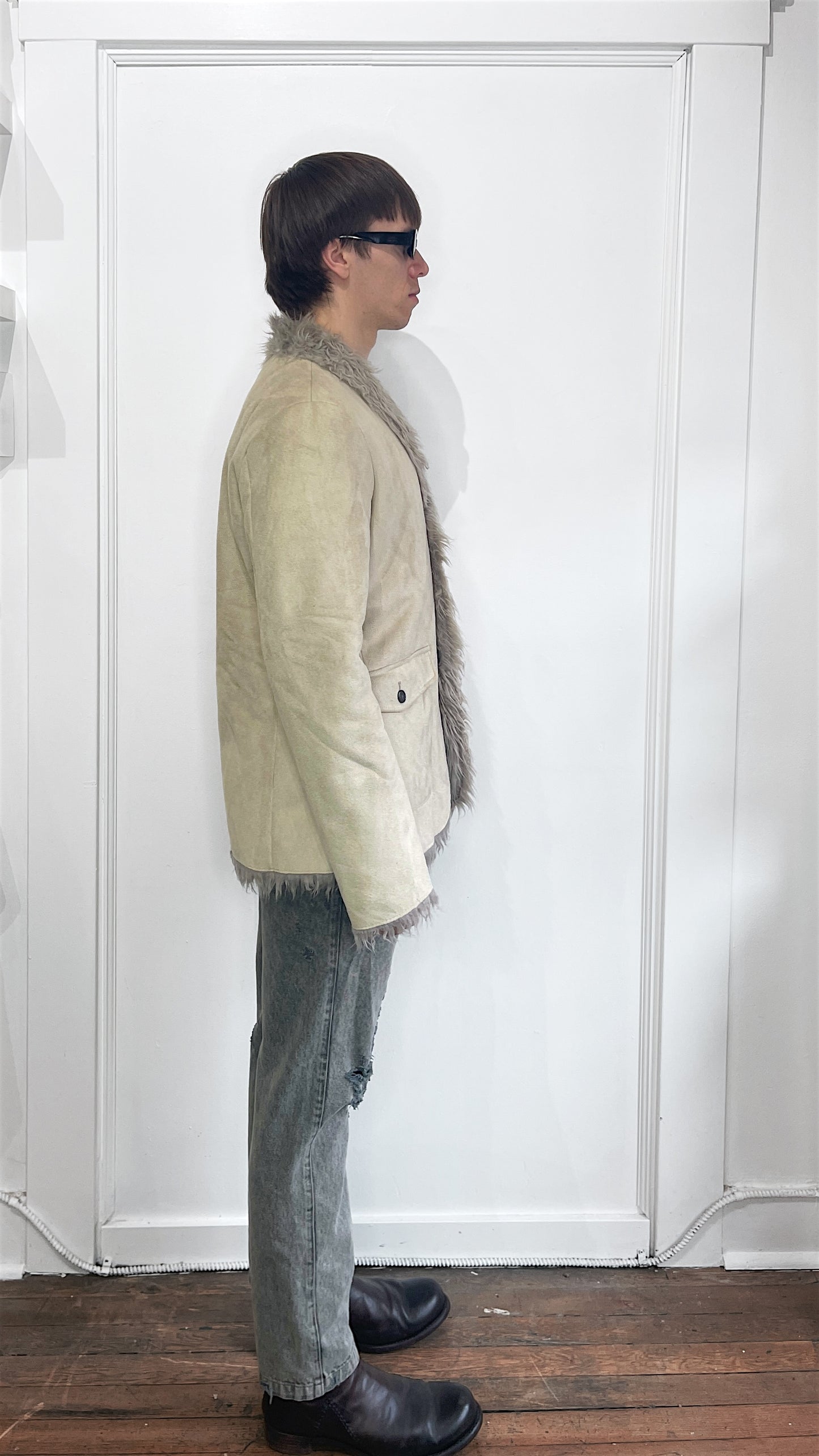 Semantic Design Light Tan Suede Fur Lined Mid Length Overcoat Large