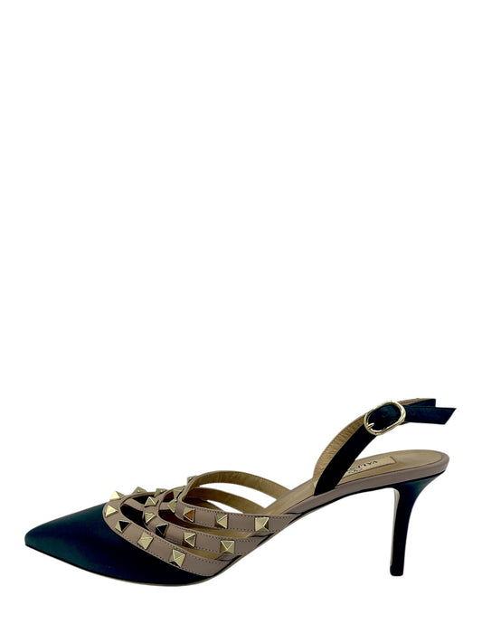 Valentino Black & Beige Leather Rockstud Caged Slingback Pumps