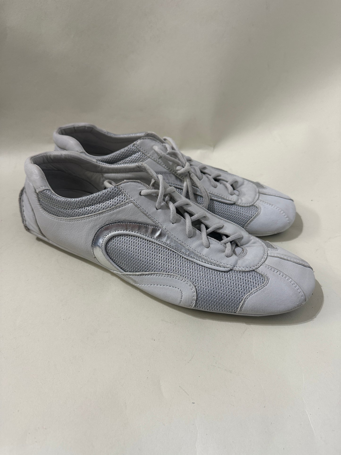 Prada White & Silver Montecarlo Flat Driving Sneakers 11 M / 12.5 W