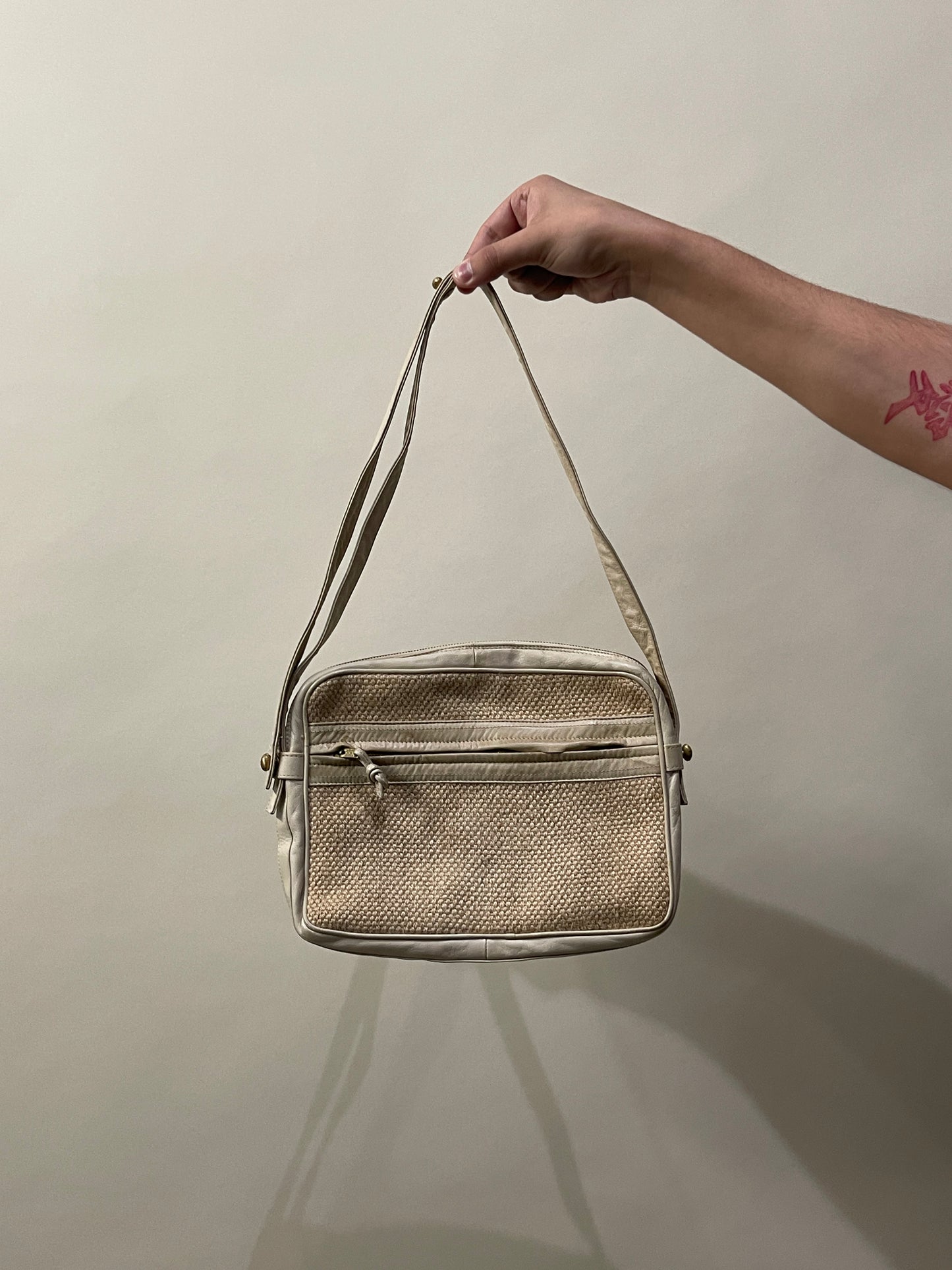 Bottega Veneta Beige Straw & Natural Leather Crossbody Bag
