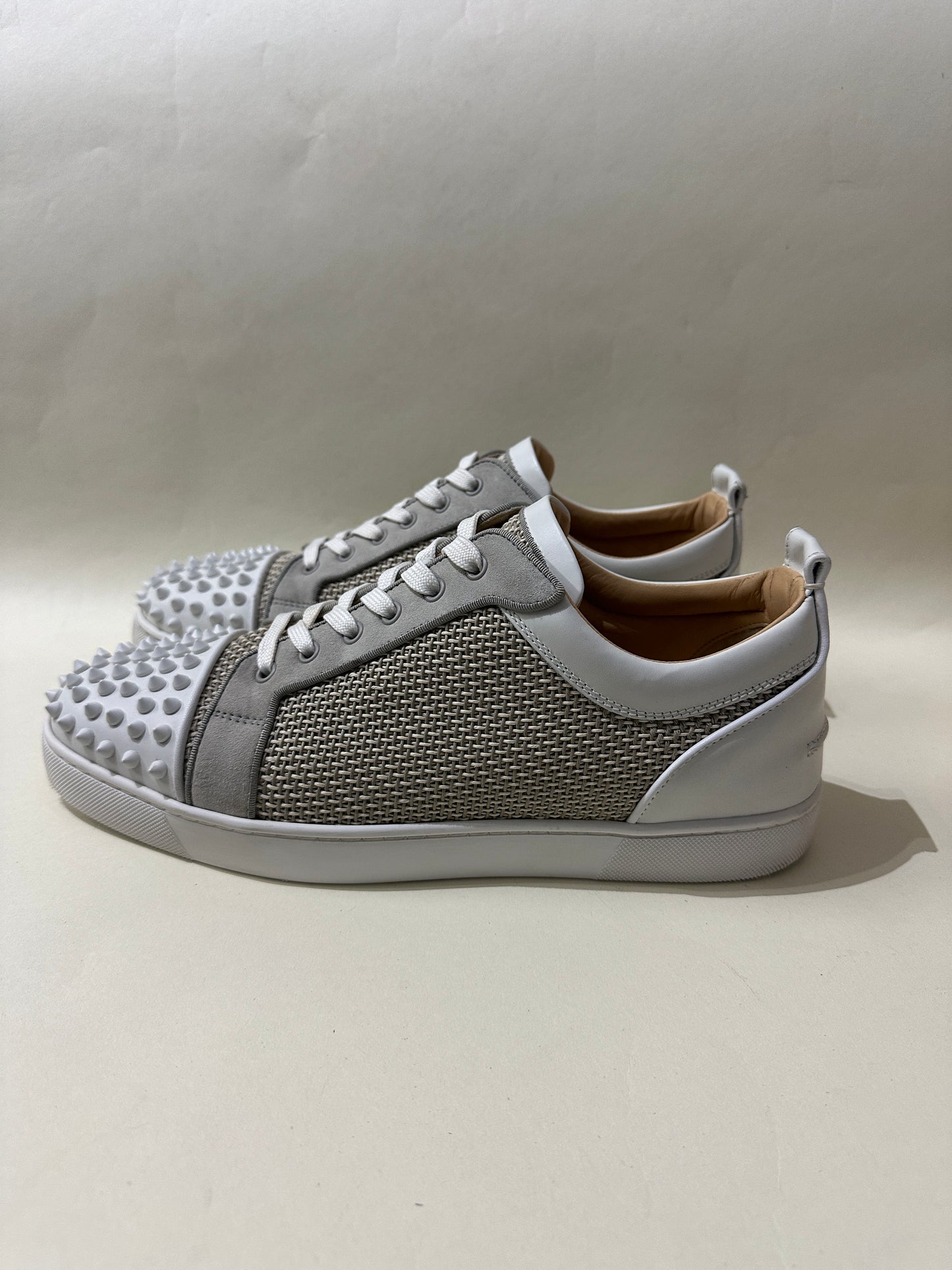 Christian Louboutin White & Beige Woven Louis Junior Spikes Sneakers 12 M / 13.5 W