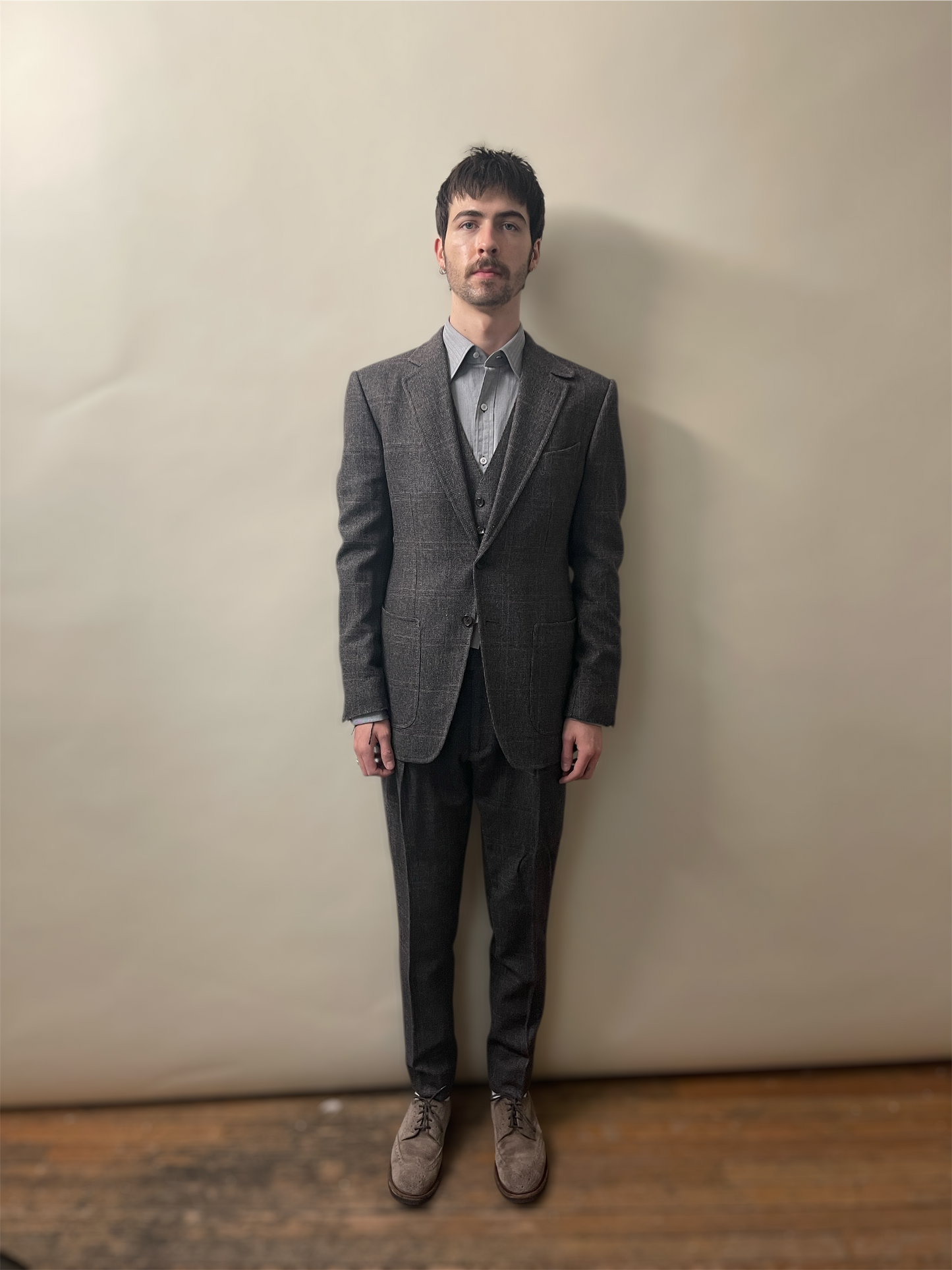 Tom Ford Earthy Brown & Purple Wool Silk Tweed Windowpane 3-Piece Suit 38R