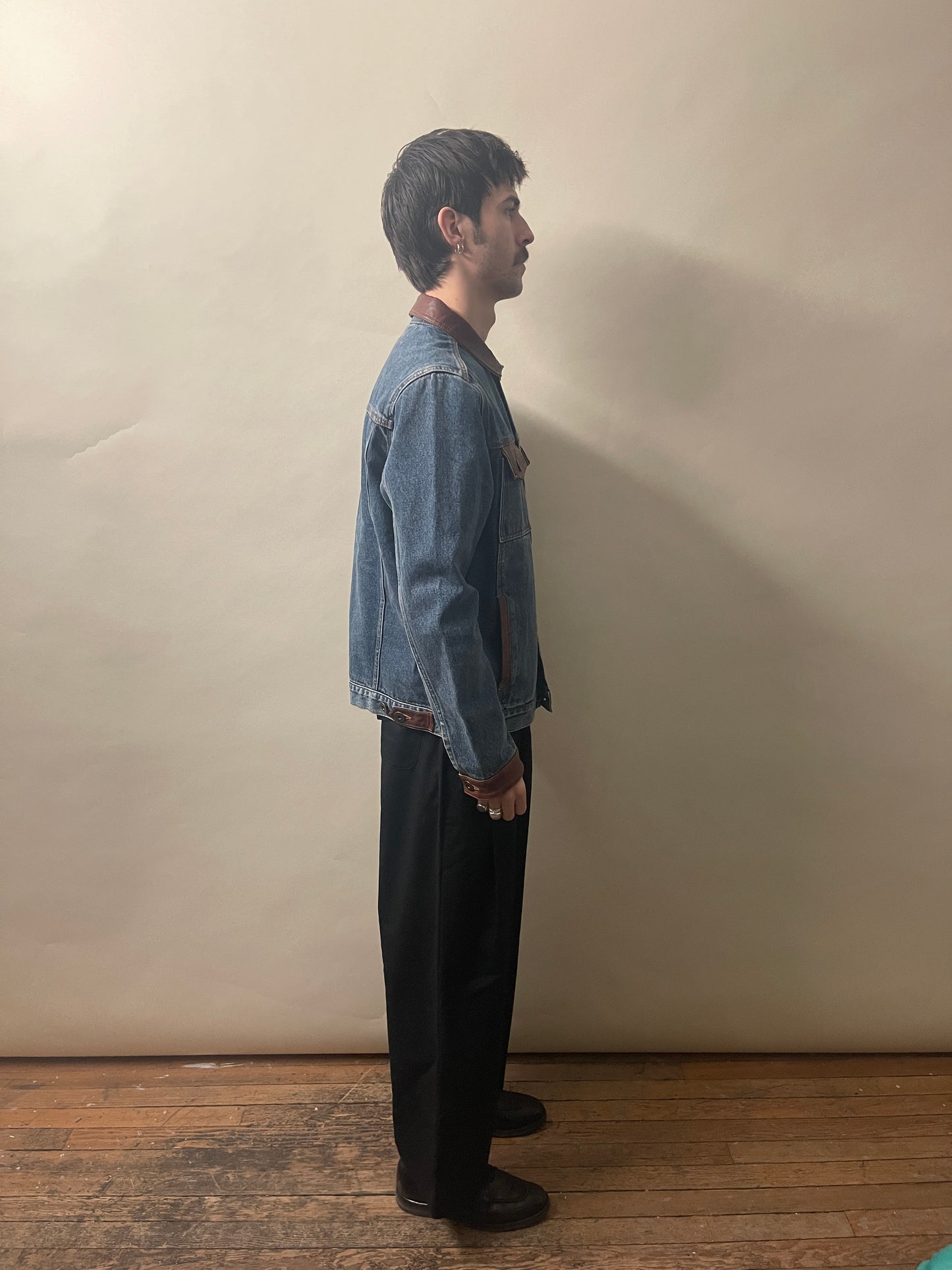 Mavericks of Scottsdale Mid Blue & Brown Denim & Leather Trucker Jacket Medium - M