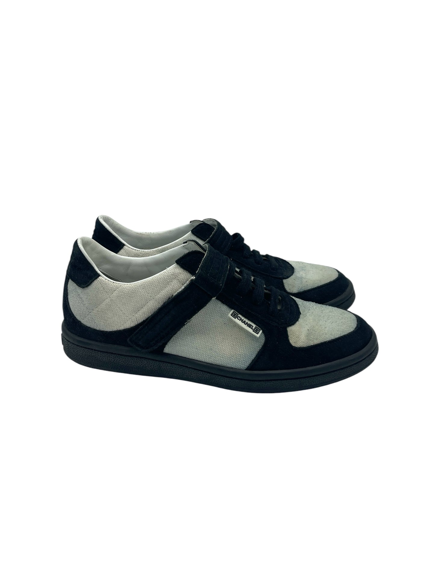 Chanel White Canvas & Black Suede Velcro Strap Sneakers 6 M / 7.5 W
