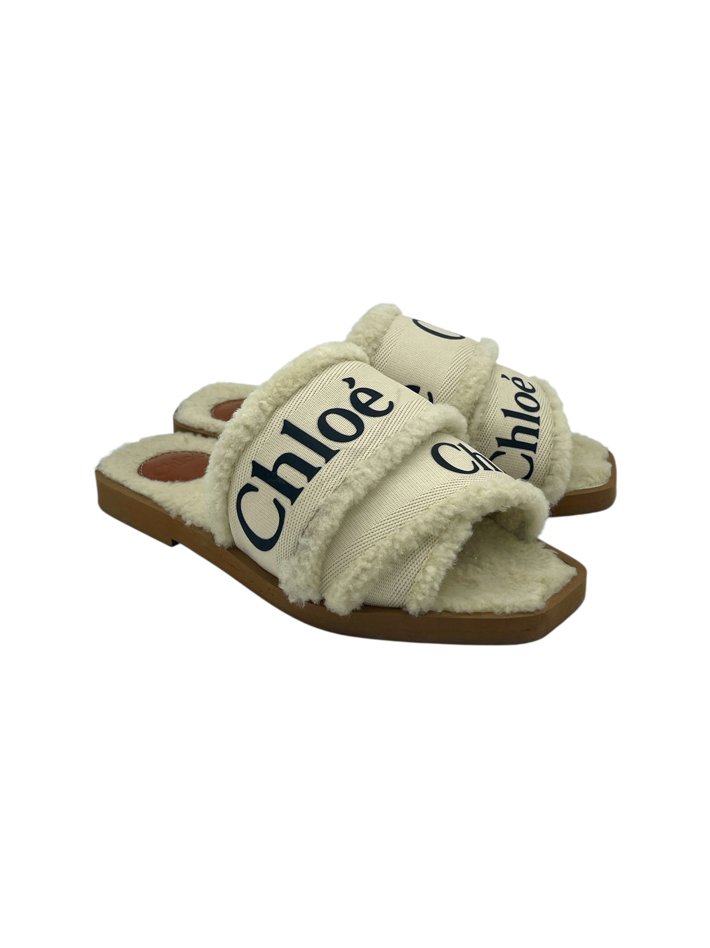Chloé Cream & Brown Shearling Flat Slide 6 M / 7.5 W
