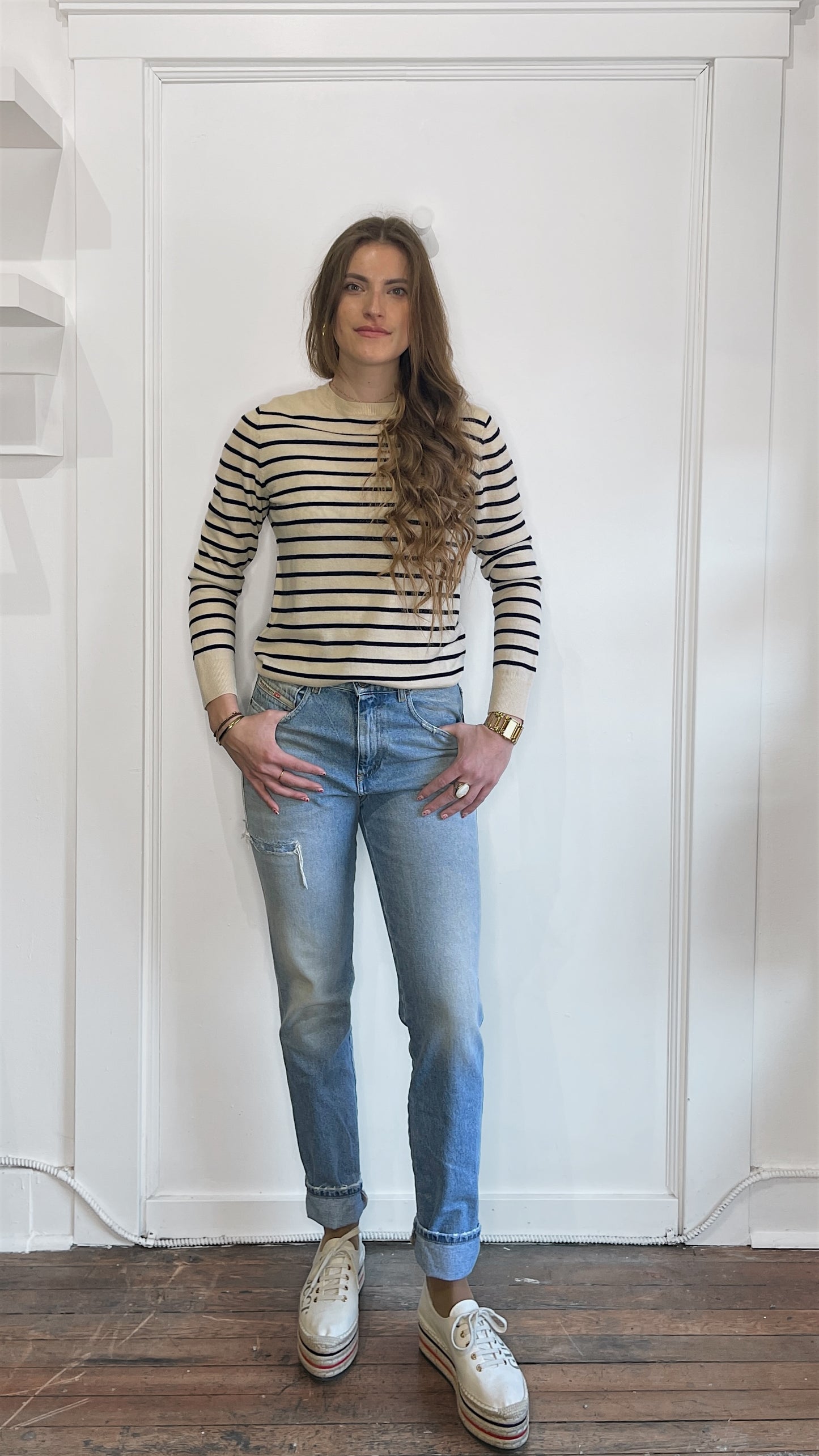 A.P.C. Beige & Navy Striped Lightweight Wool Sweater Small