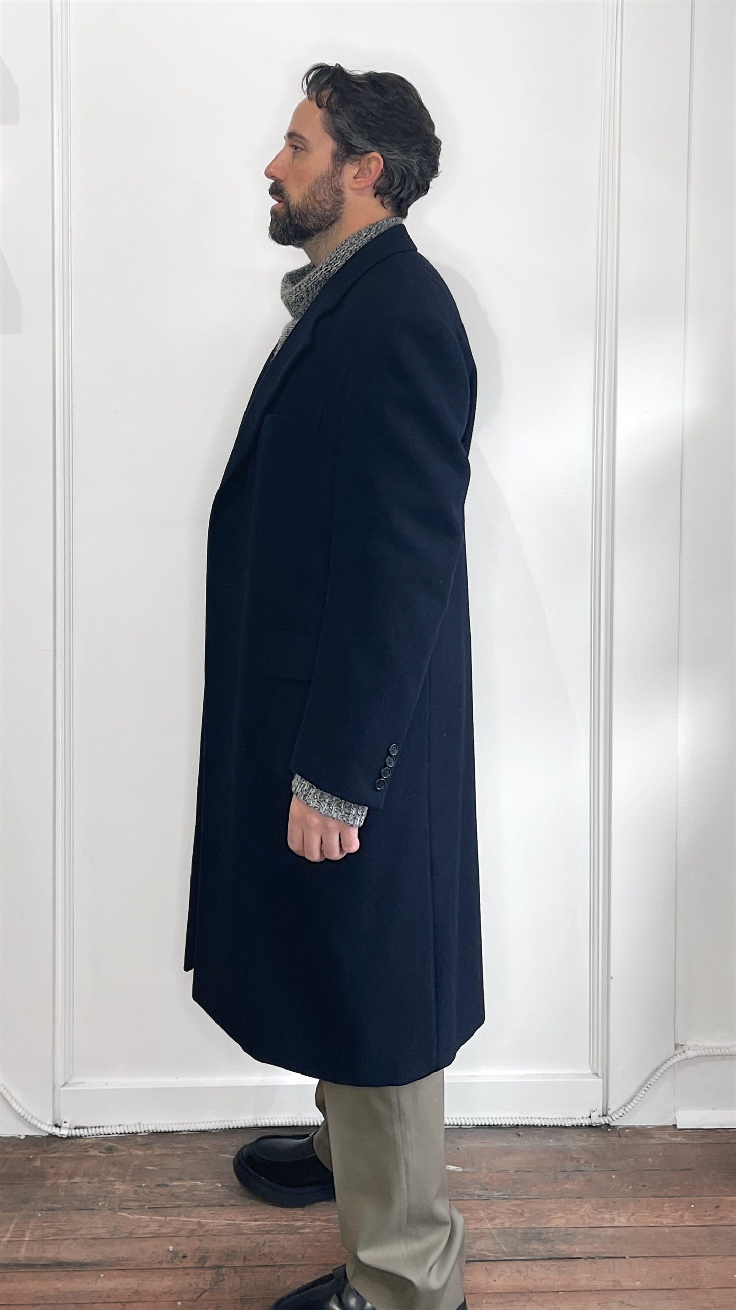 Samuelsohn Navy Blue Tonal Herringbone Wool Overcoat 42S