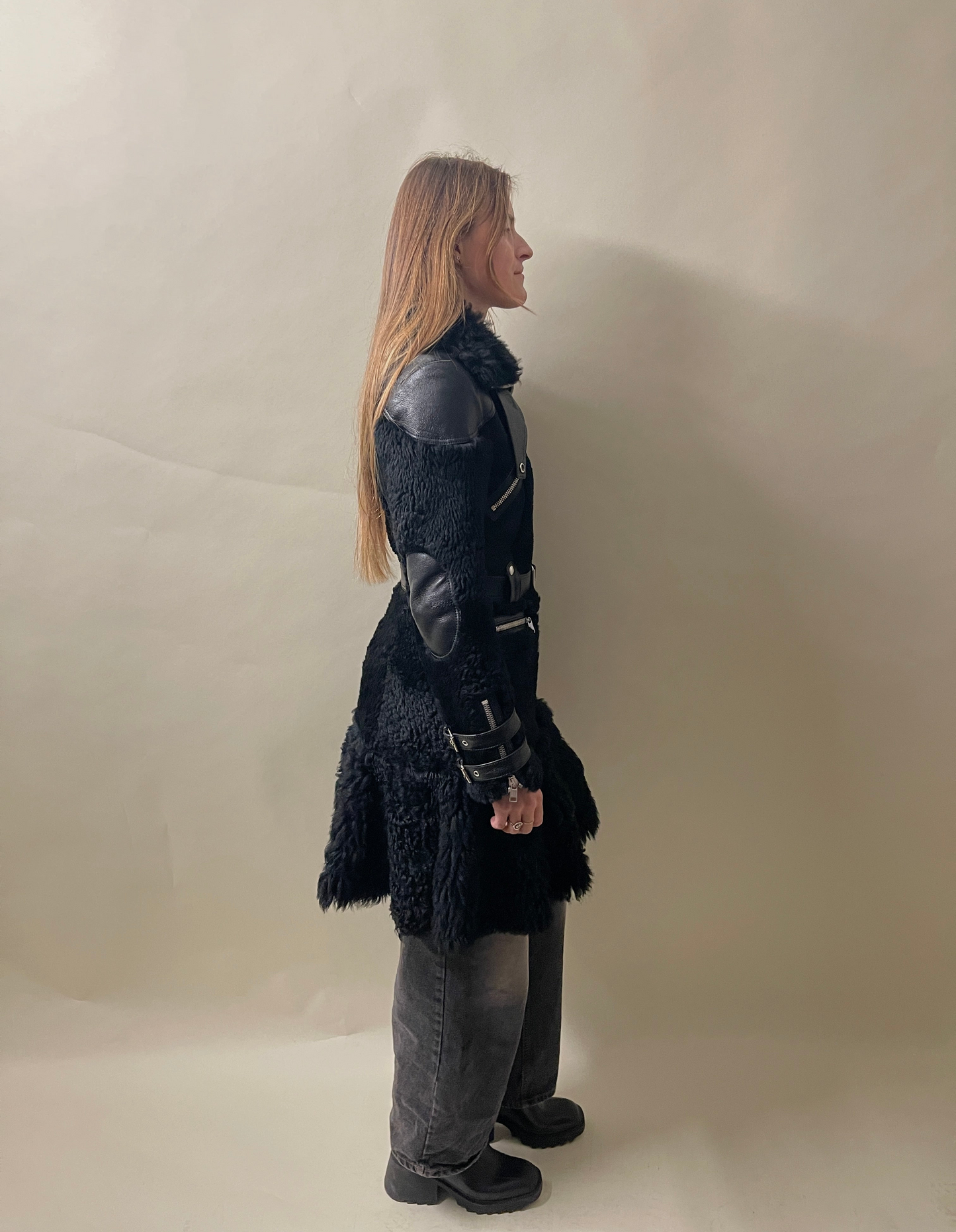 Alexander McQueen Black Buffalo Leather & Shearling Belted Overcoat 42