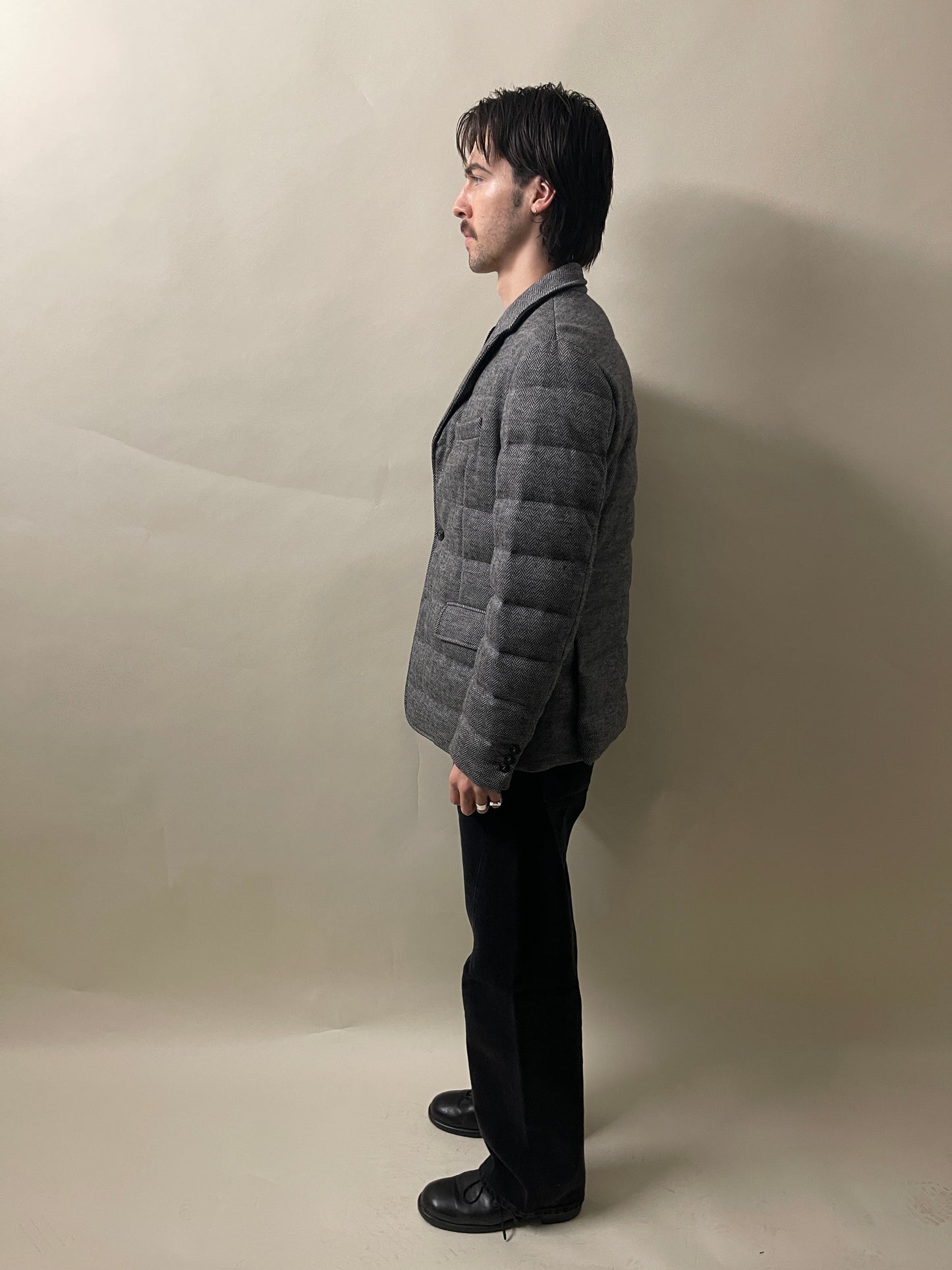 Moncler Grey Herringbone Wool Down Filled Rodin Jacket Medium - M