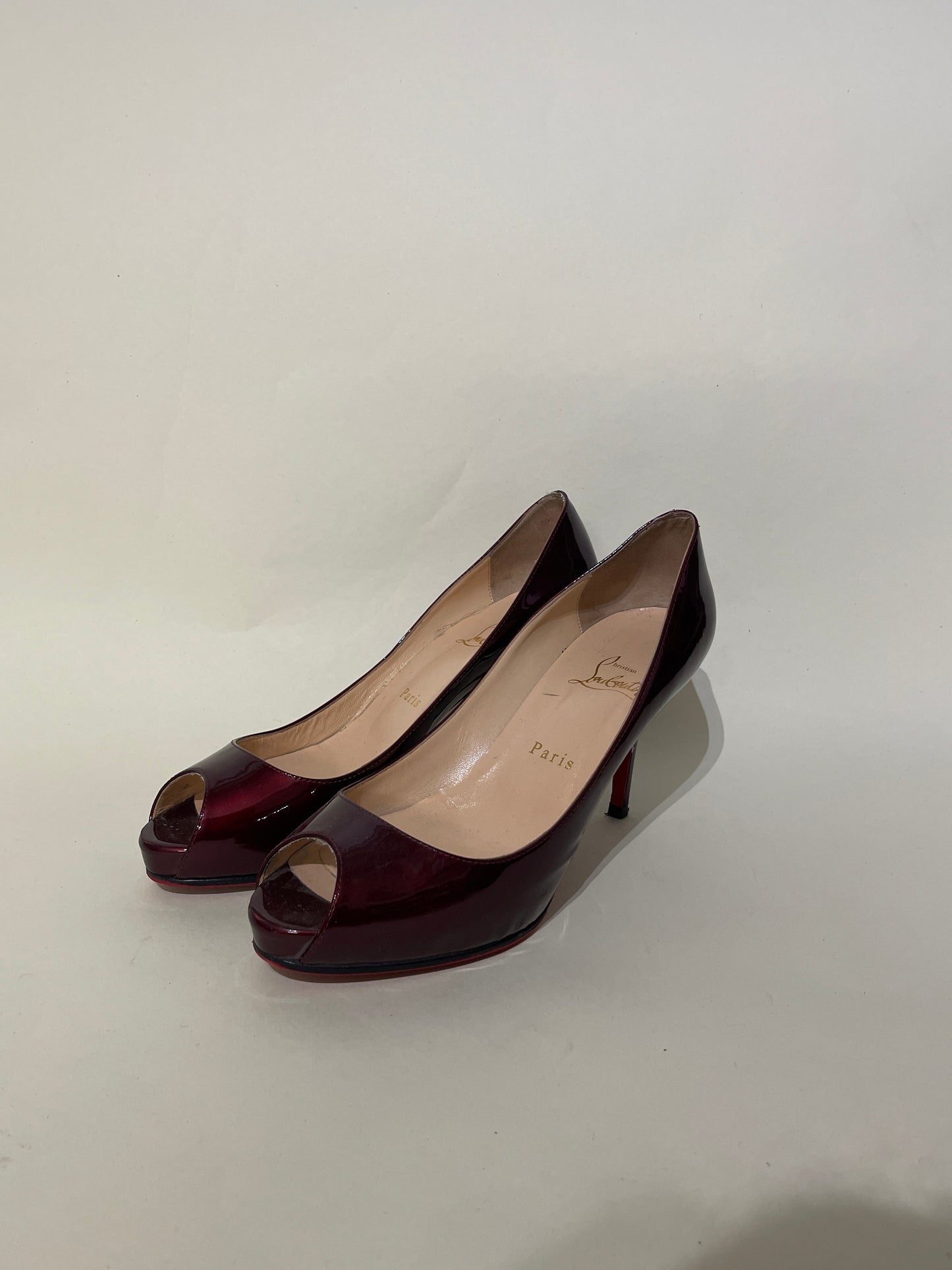 Christian Louboutin Dark Burgundy Patent Leather Prive Peep Toe Pumps 7 M / 8.5 W