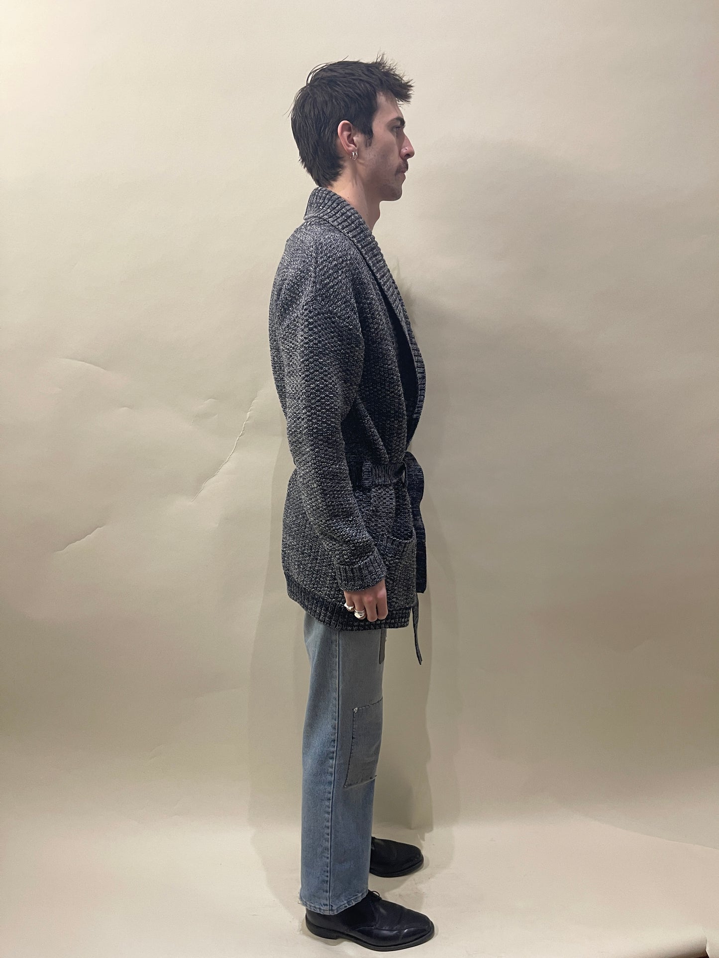 Bleu De Paname Blue & White Melange Wool Belted Cardigan Large - L