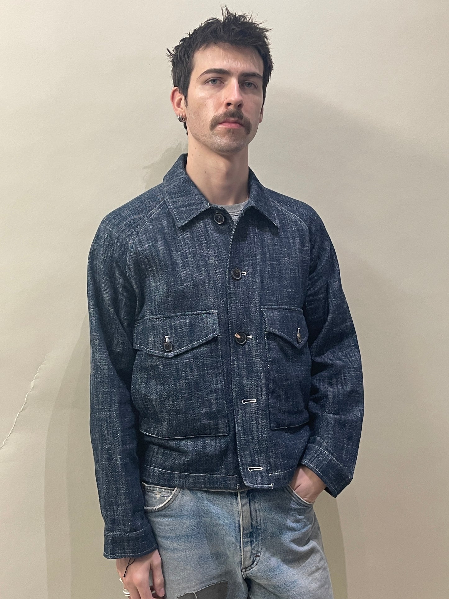 Miles Leon Indigo Slub Cotton Jumbo Pocket Raglan Jacket Medium - M