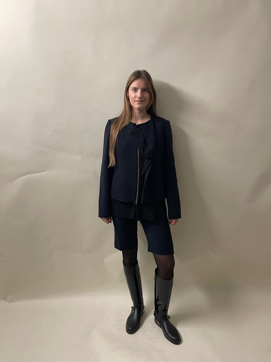 Marni Navy Blue Wool Blend Layered Collarless Jacket 44