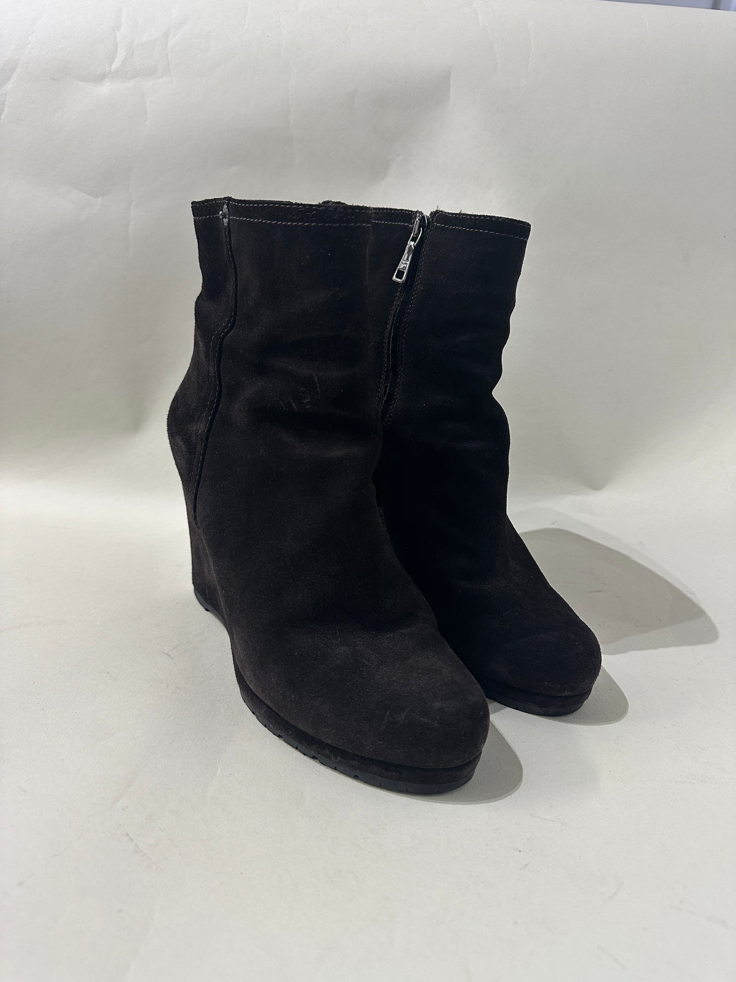 Prada Dark Brown Suede Wedge Booties 7 M / 8.5 W