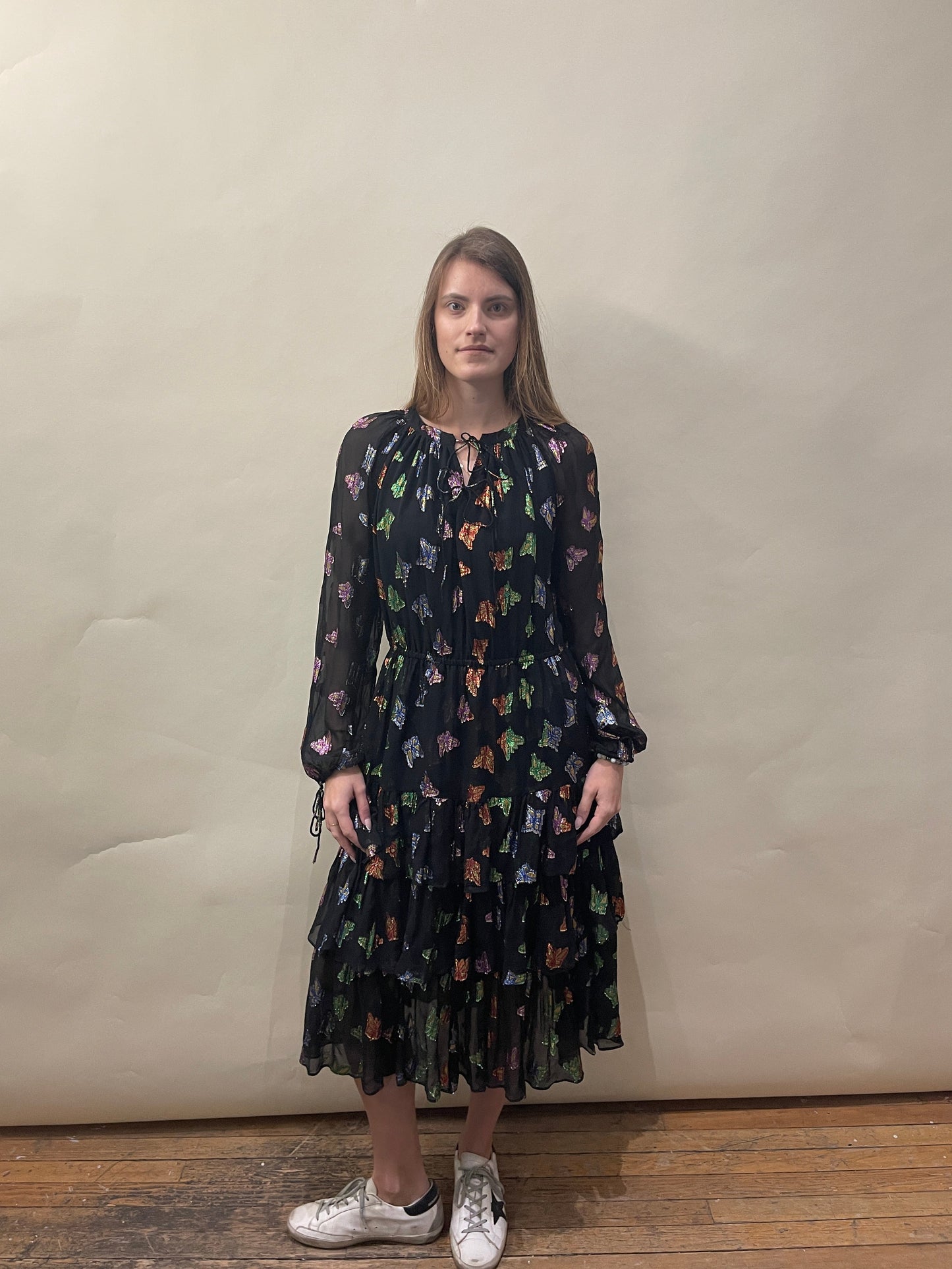 The Kooples Black & Multicolour Butterfly Motif Sheer Silk Dress Medium - M