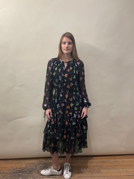 The Kooples Black & Multicolour Butterfly Motif Sheer Silk Dress Medium - M