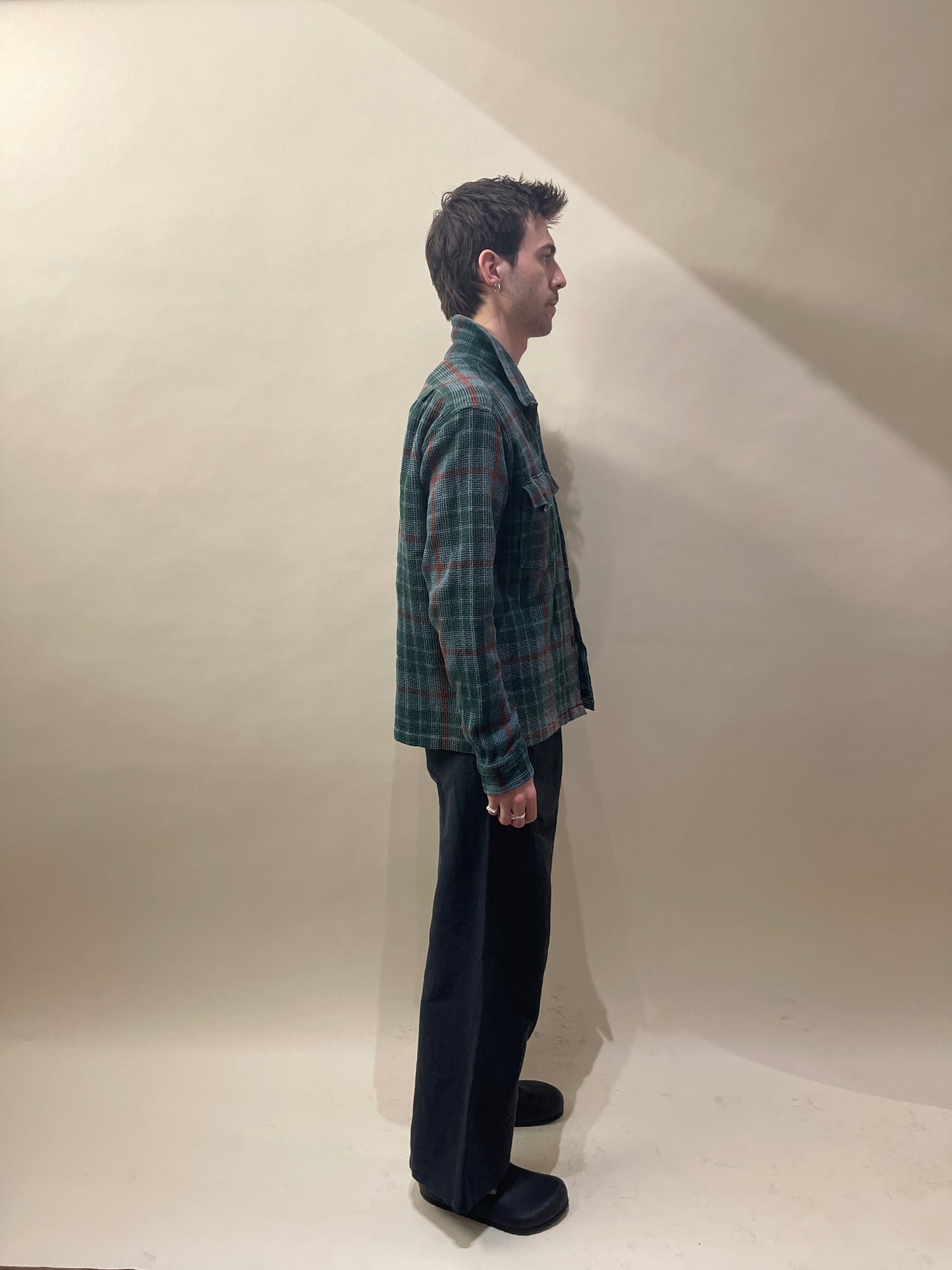 Corridor Green & Brick Plaid Waffle Cotton Overshirt Medium - M