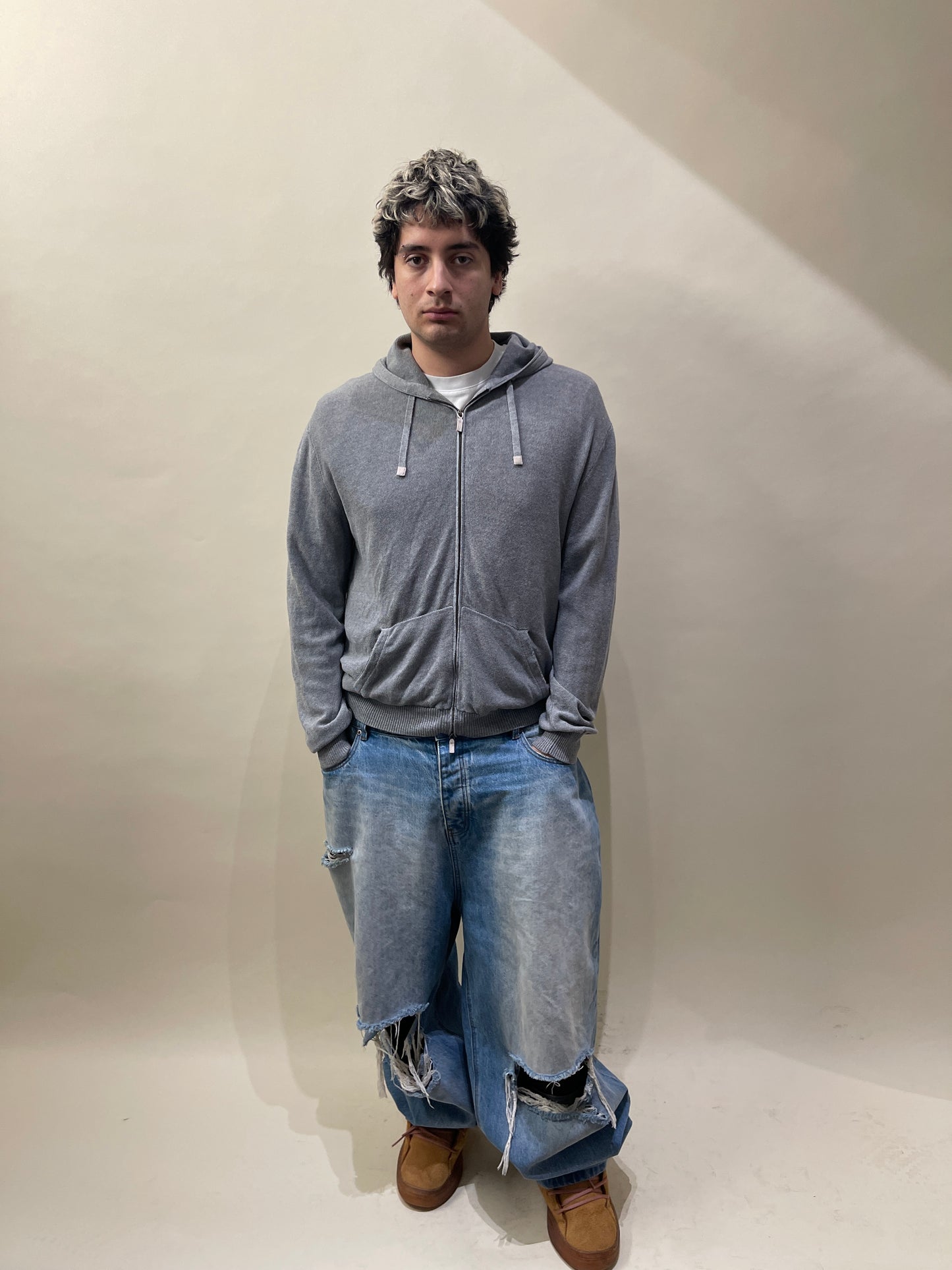 Maurizio Baldassari Light Grey Wool Knit Zip Up Hoodie Extra Large - XL