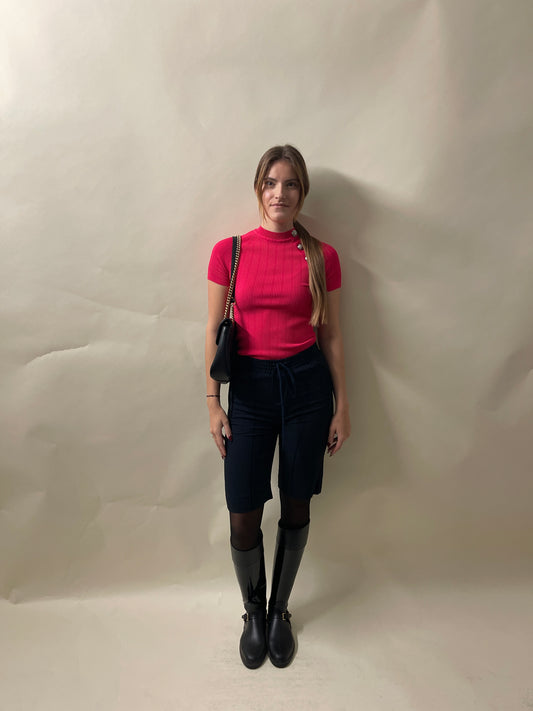 Balmain Hot Pink Ribbed Viscose SS T-Shirt 38