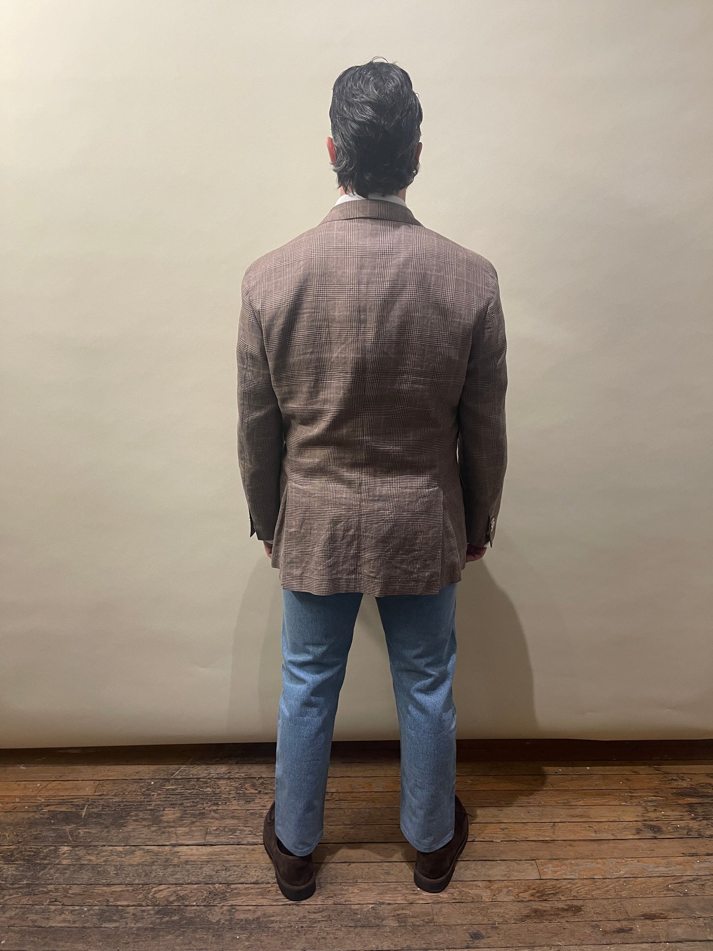 Brunello Cucinelli Beige & Brown Glen Check Linen Wool Silk Sport Coat 44