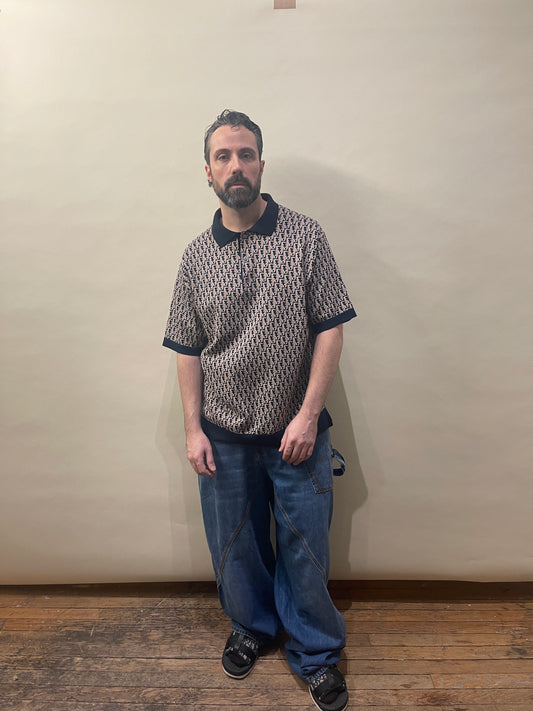 Christian Dior Navy & Tan Cotton Monogram Knit SS Polo Shirt Extra Large - XL