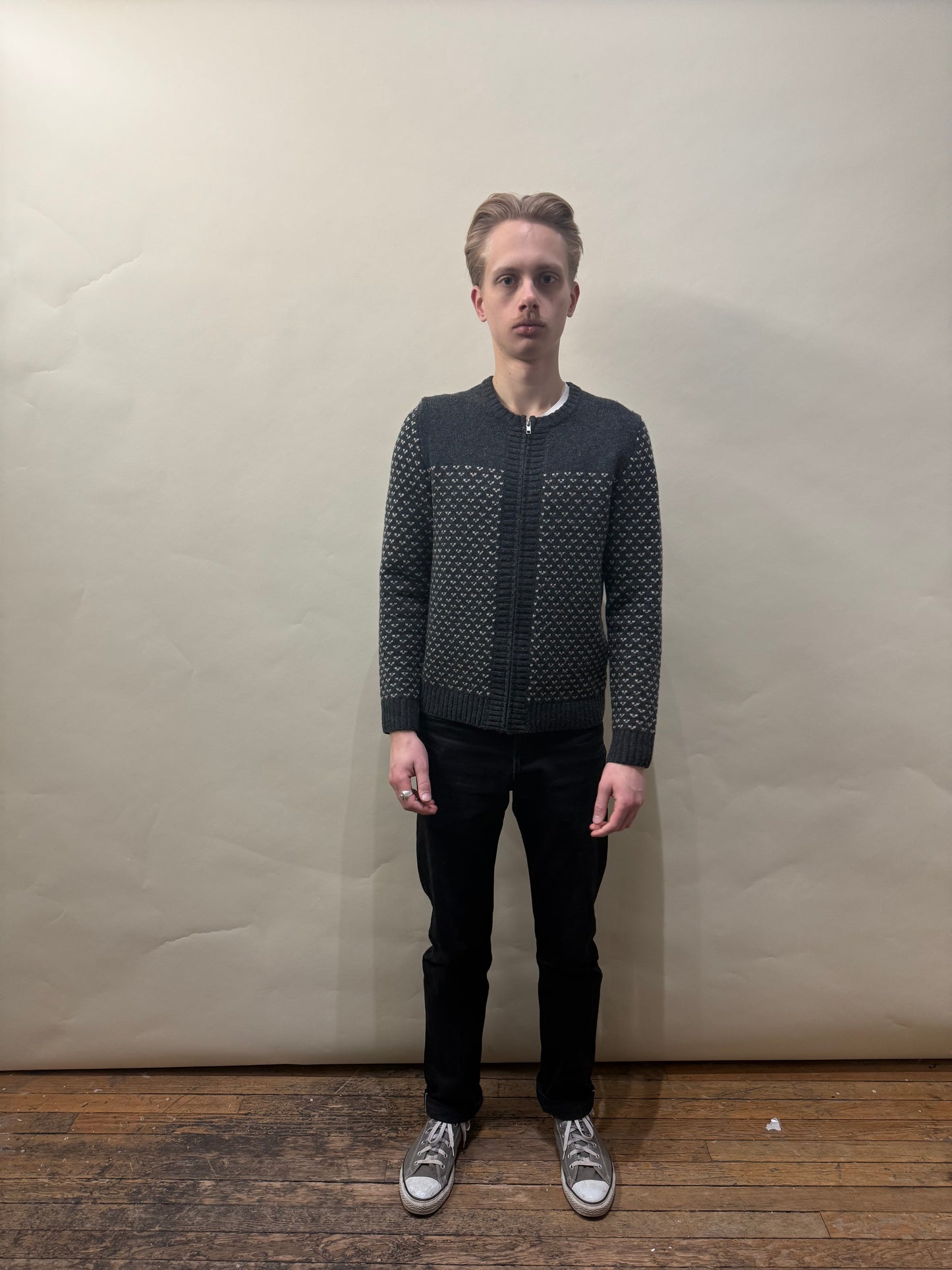 Steven Alan Dark Grey & White Fair Isle Pattern Knit Zip Up Sweater Extra Small - XS