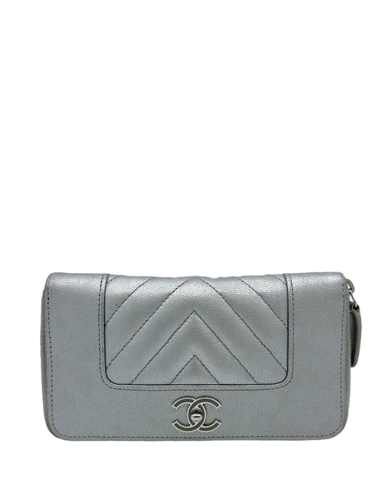 Chanel Silver Lambskin Chevron Quilted Mademoiselle Wallet