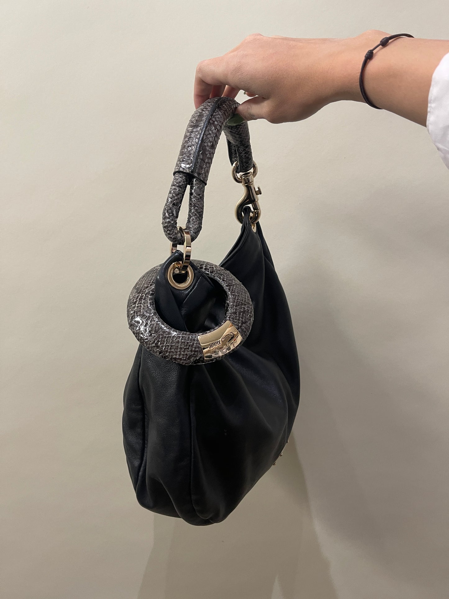 Jimmy Choo Black Leather Snakeskin Trim Sky Hobo Bag