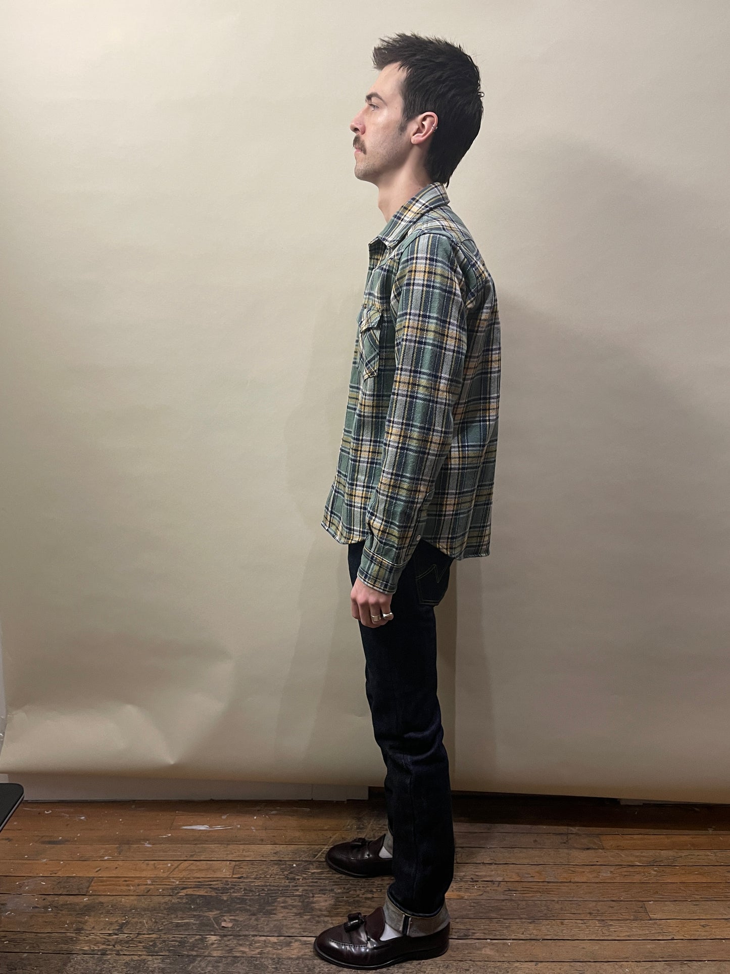 Iron Heart Green, Yellow, & Navy Plaid Heavy Western Flannel Large - L