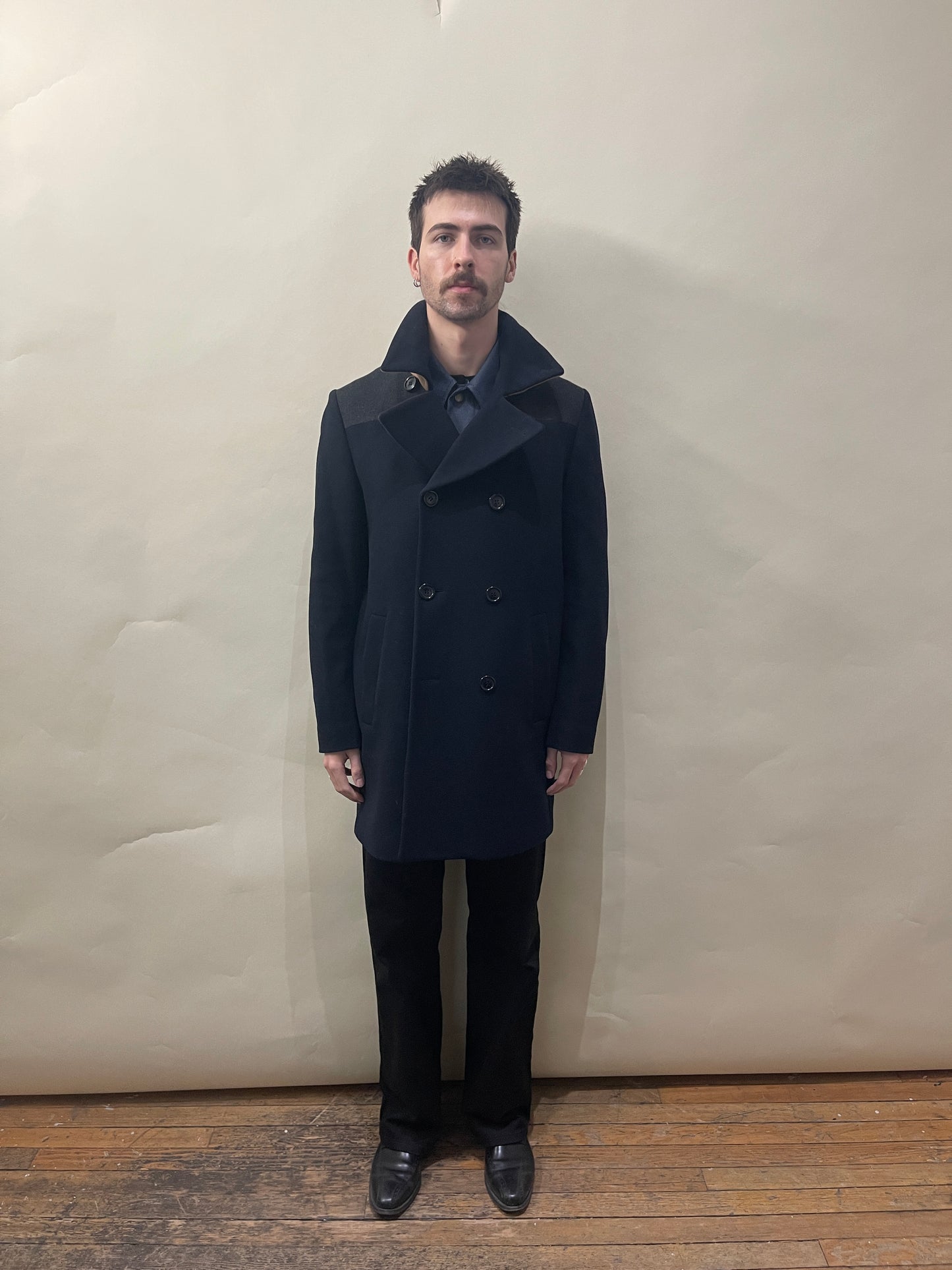 Paul Smith Navy, Grey, & Camel Colour Blocked Wool Blend DB Overcoat Large - L