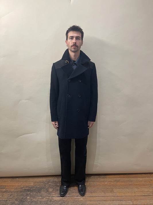 Paul Smith Navy, Grey, & Camel Colour Blocked Wool Blend DB Overcoat Large - L