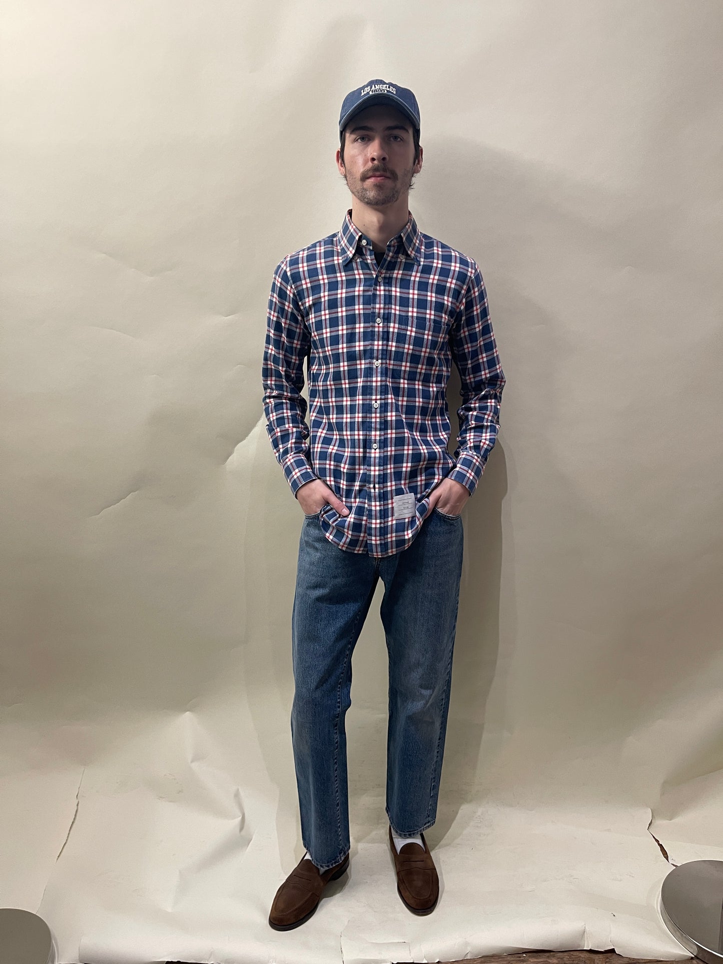 Thom Browne Blue & Red Plaid Cotton Flannel Button Up Small - S