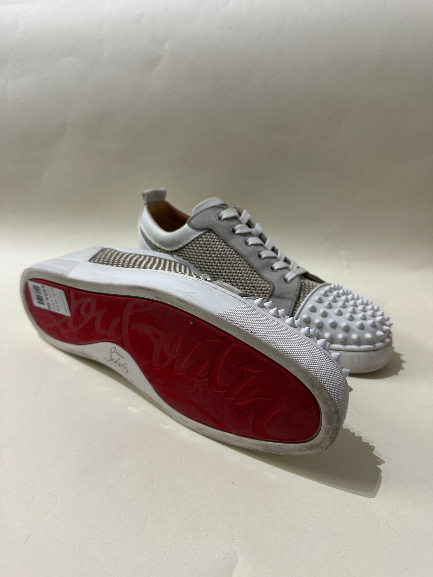 Christian Louboutin White & Beige Woven Louis Junior Spikes Sneakers 12 M / 13.5 W