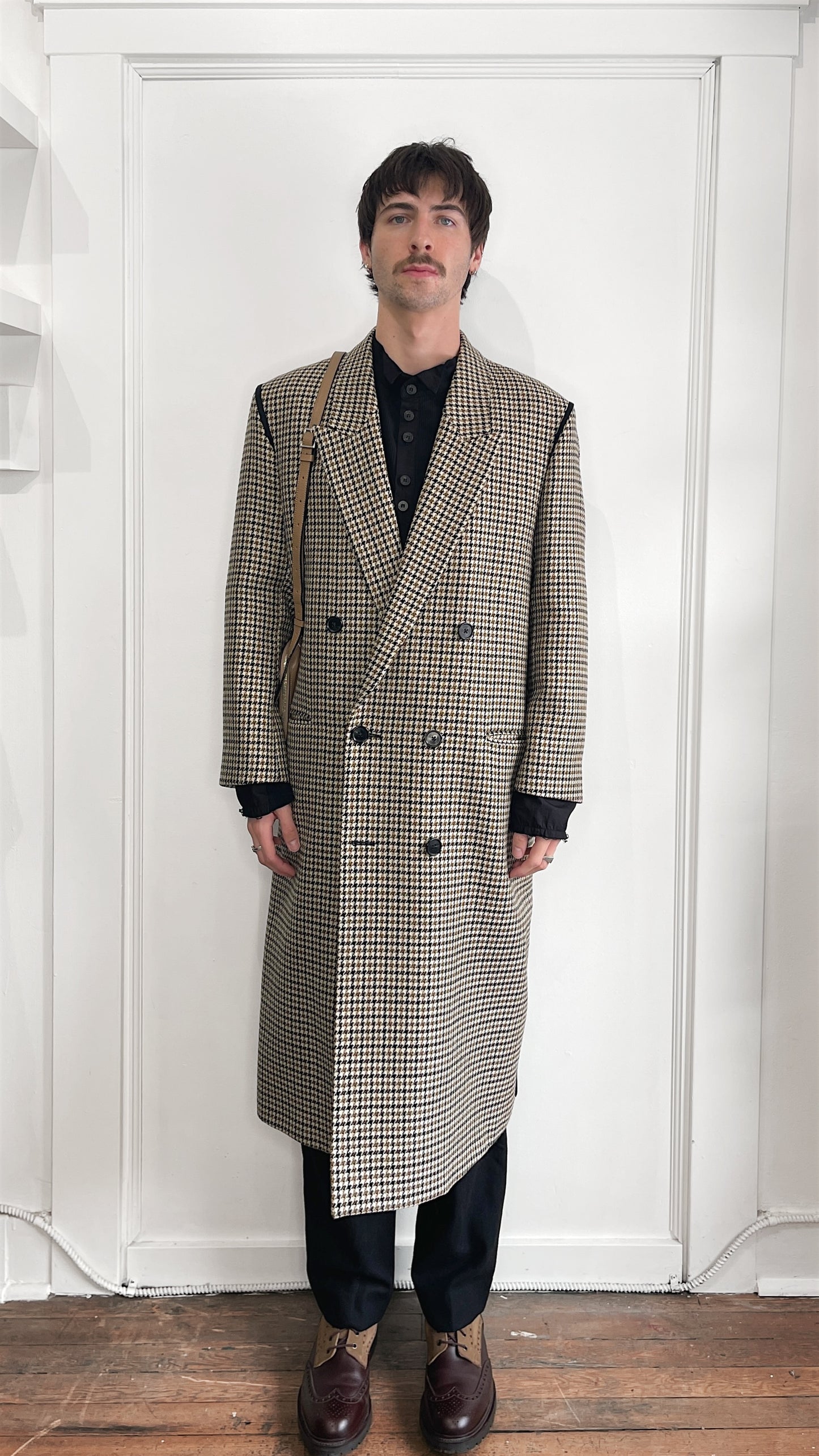 Paul Smith Tan, Cream, & Black Houndstooth Fleece Wool DB Overcoat 40