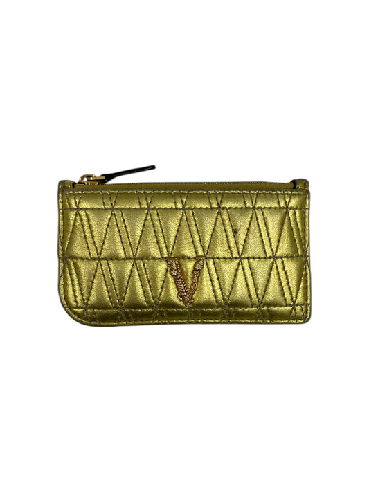 Versace Gold Metallic Quilted V Pattern Leather Zip Card Holder