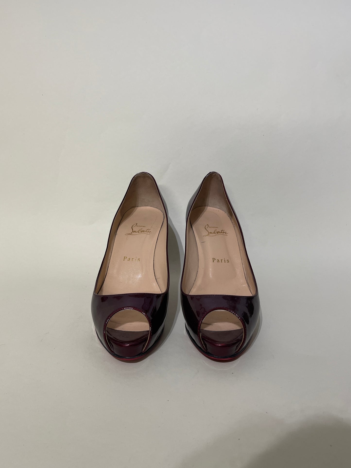Christian Louboutin Dark Burgundy Patent Leather Prive Peep Toe Pumps 7 M / 8.5 W
