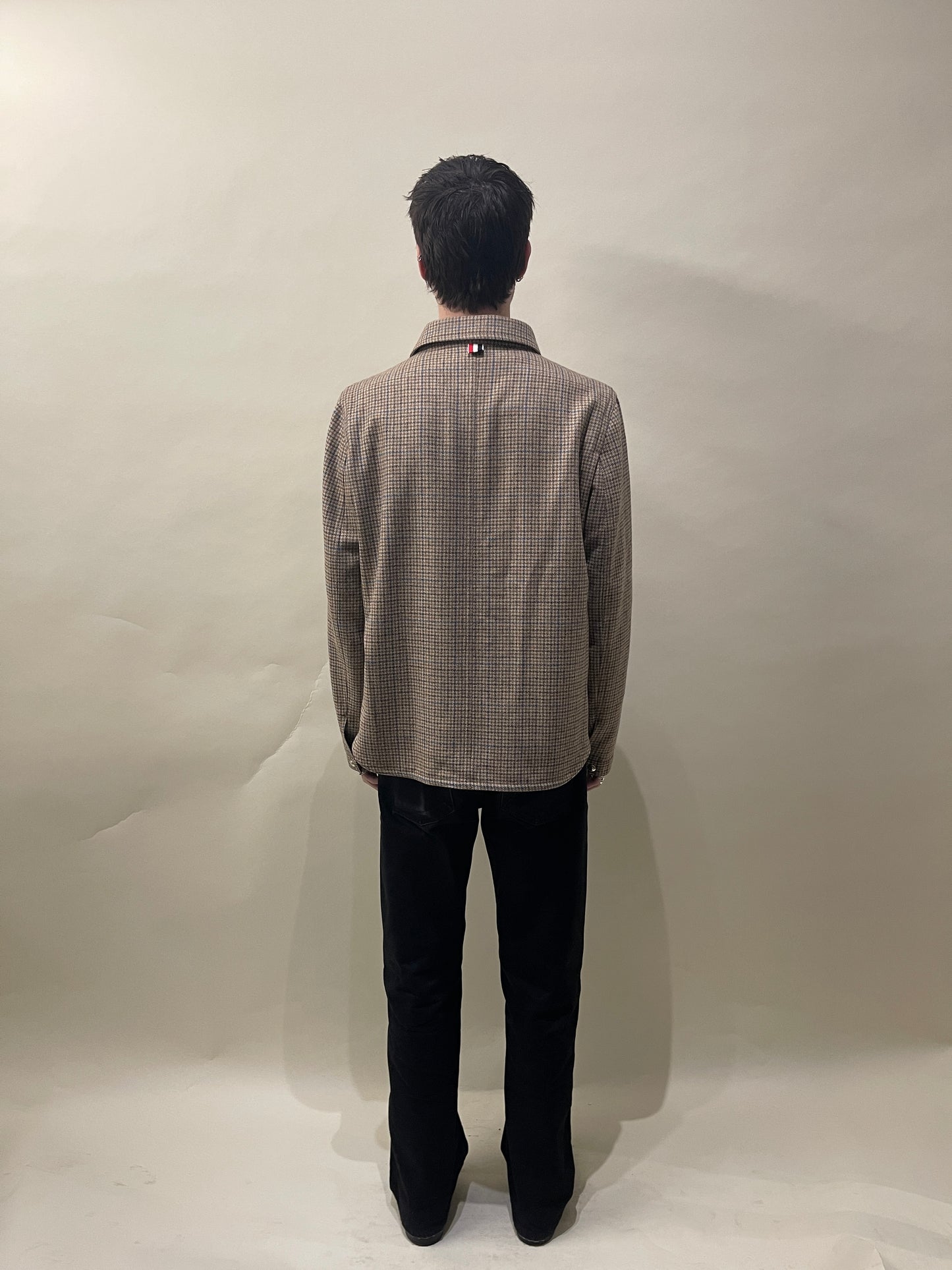 Thom Browne Tan, Brown, & Blue Houndstooth Plaid Wool Shacket Large - L