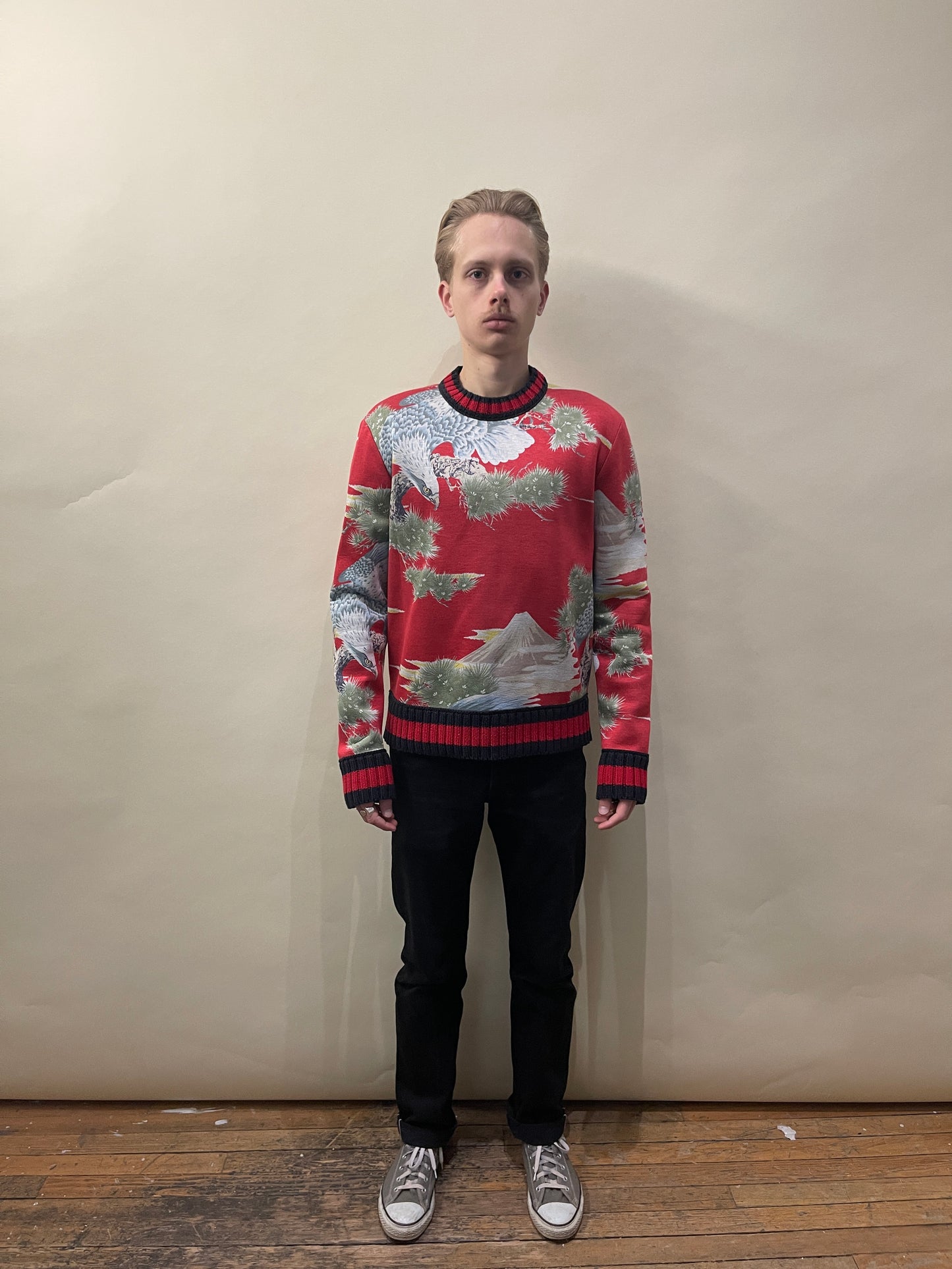 Gucci Red, Green, Khaki Printed Modal Crewneck Sweater Medium - M