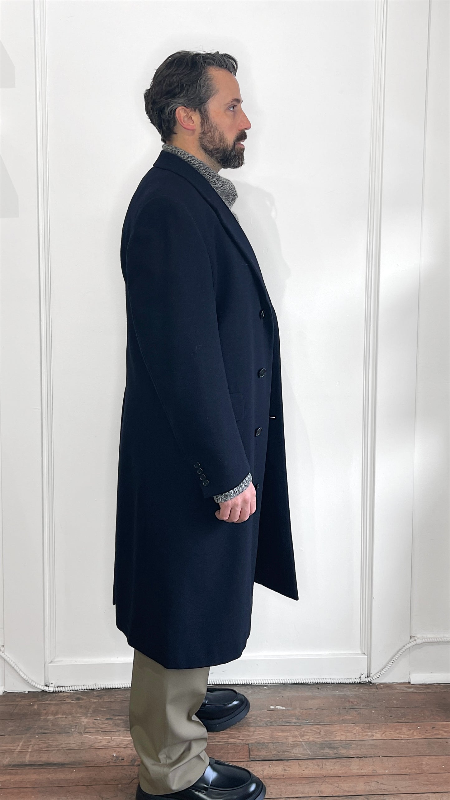 Samuelsohn Navy Blue Tonal Herringbone Wool Overcoat 42S