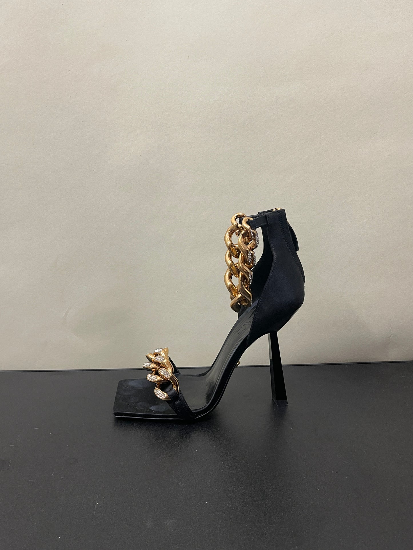 Versace Black Satin Medusa Chain High Heel Sandals 7.5 M / 9 W
